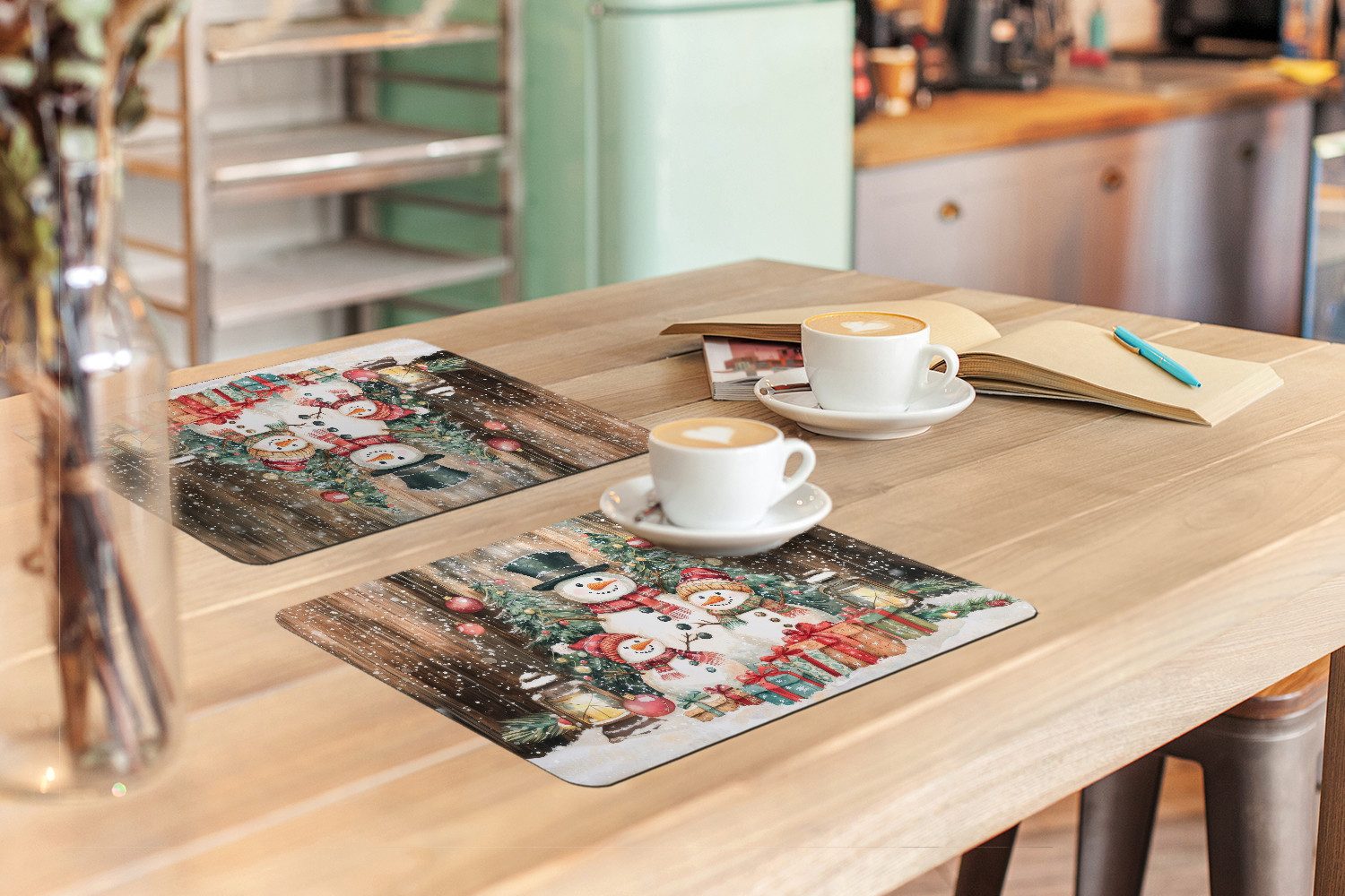 MuchoWow Platzset Schneemann - Familie - Farbenfroh, (6-St), Platzsets, Tischset, Abwaschbar, Tischsets, Platzdeckchen