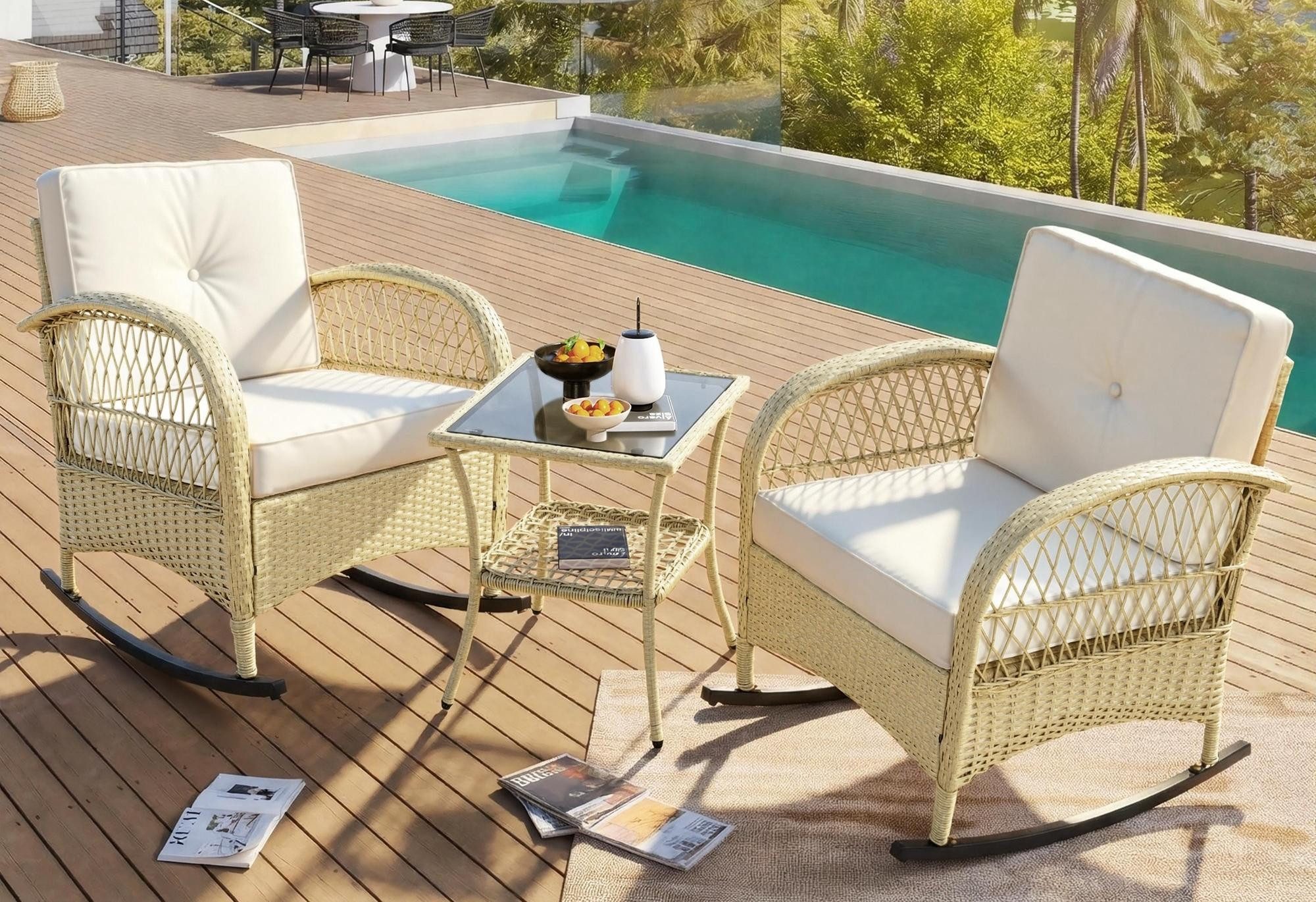 LVHOM Balkonset Outdoor-Loungeset, PE-Rattan Schaukelstuhl, (3-tlg. wetterfest, Gartenlounge-Set, Gartenbar-Set, Polstergarnitur, Schaukelsessel, 2 Sessel + Tisch, 160 kg Tragkraft, Natur-Beige), Ergonomische Sitzschalen, Schnell trocknende Polster