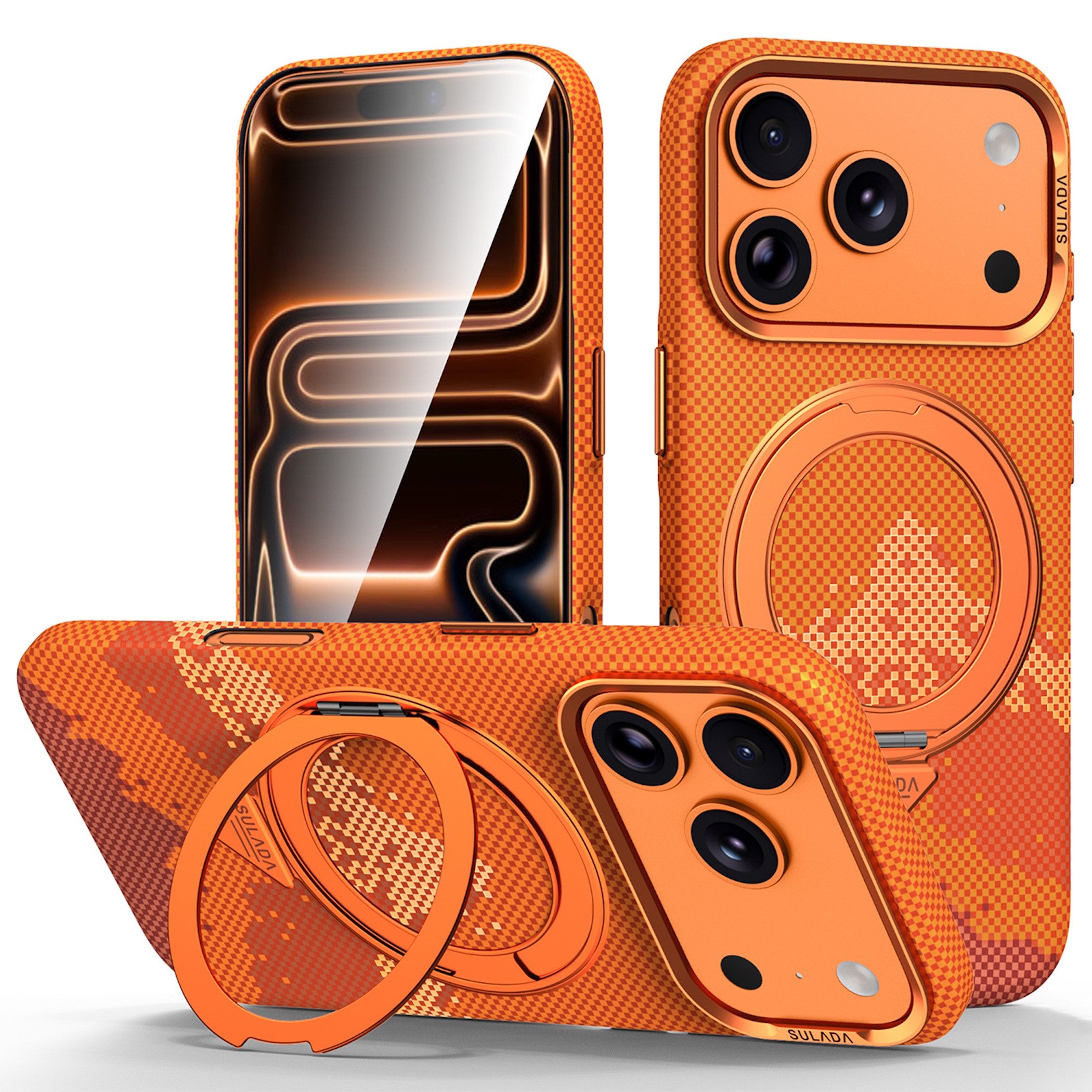 Wigento Handyhülle MagSafe Drehkippständer Muster Apple iPhone 17 Pro Max Orange 6,86 Zoll, Magnetisch, Durchsichtig, Stoßfest