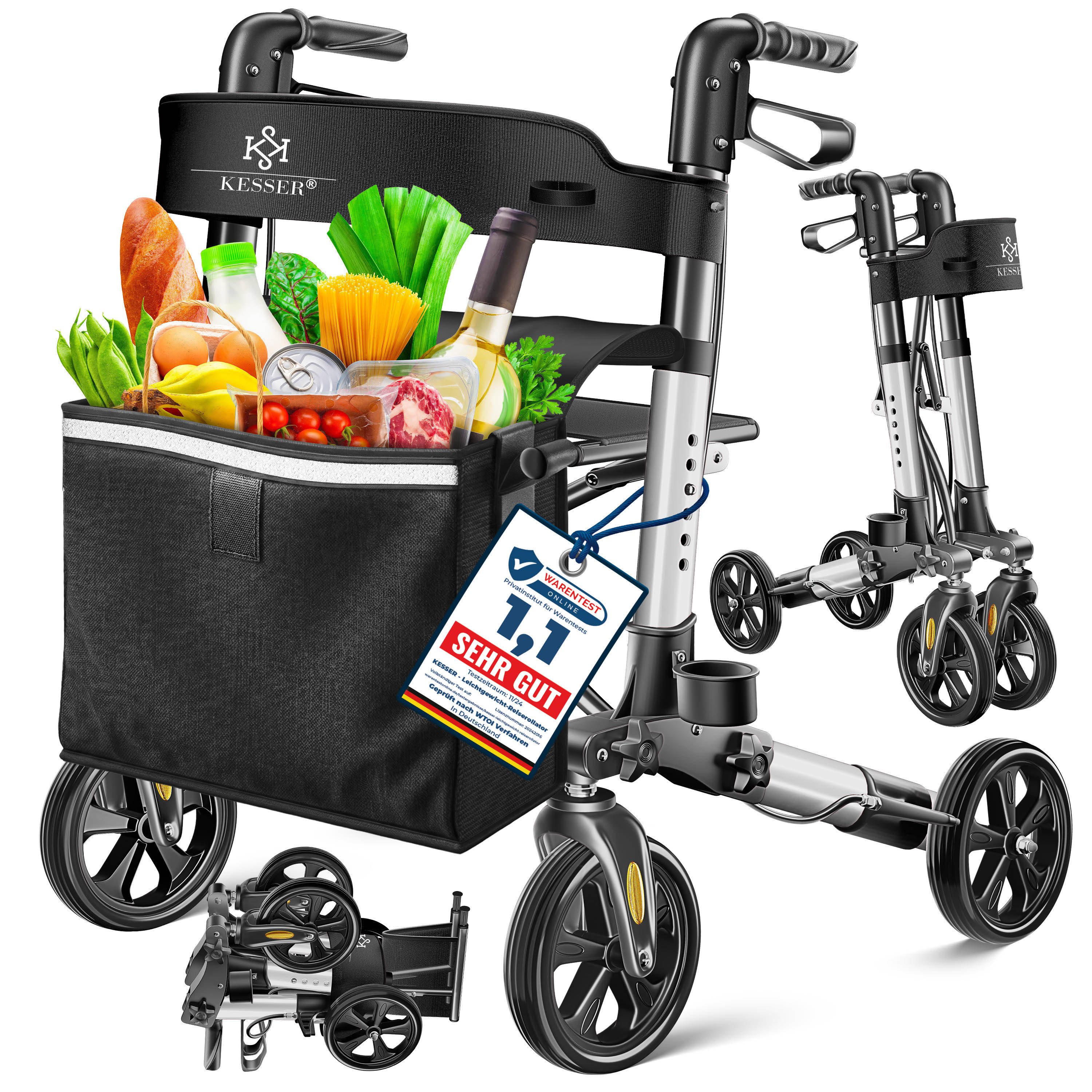 KESSER Rollator Aluminium – faltbar, höhenverstellbar & bis 136 kg belastbar, wetterbeständig, Tasche, Stockhalter, Reflektoren, 360° Gelände Reifen