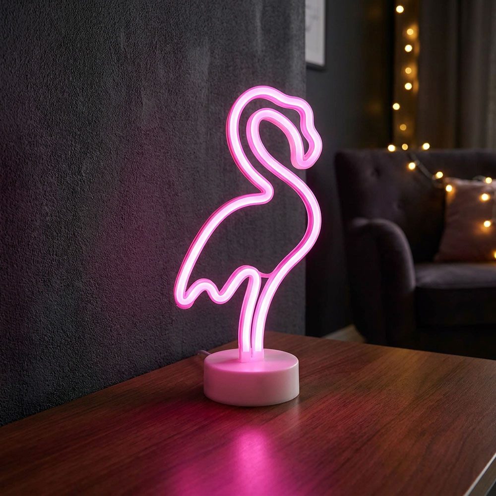 GLOBO LIGHTING LED Tischleuchte, LED-Leuchtmittel fest verbaut, Tischleuchte Neonlicht Dekolampe LED Flamingo pink Kinderzimmer 2x