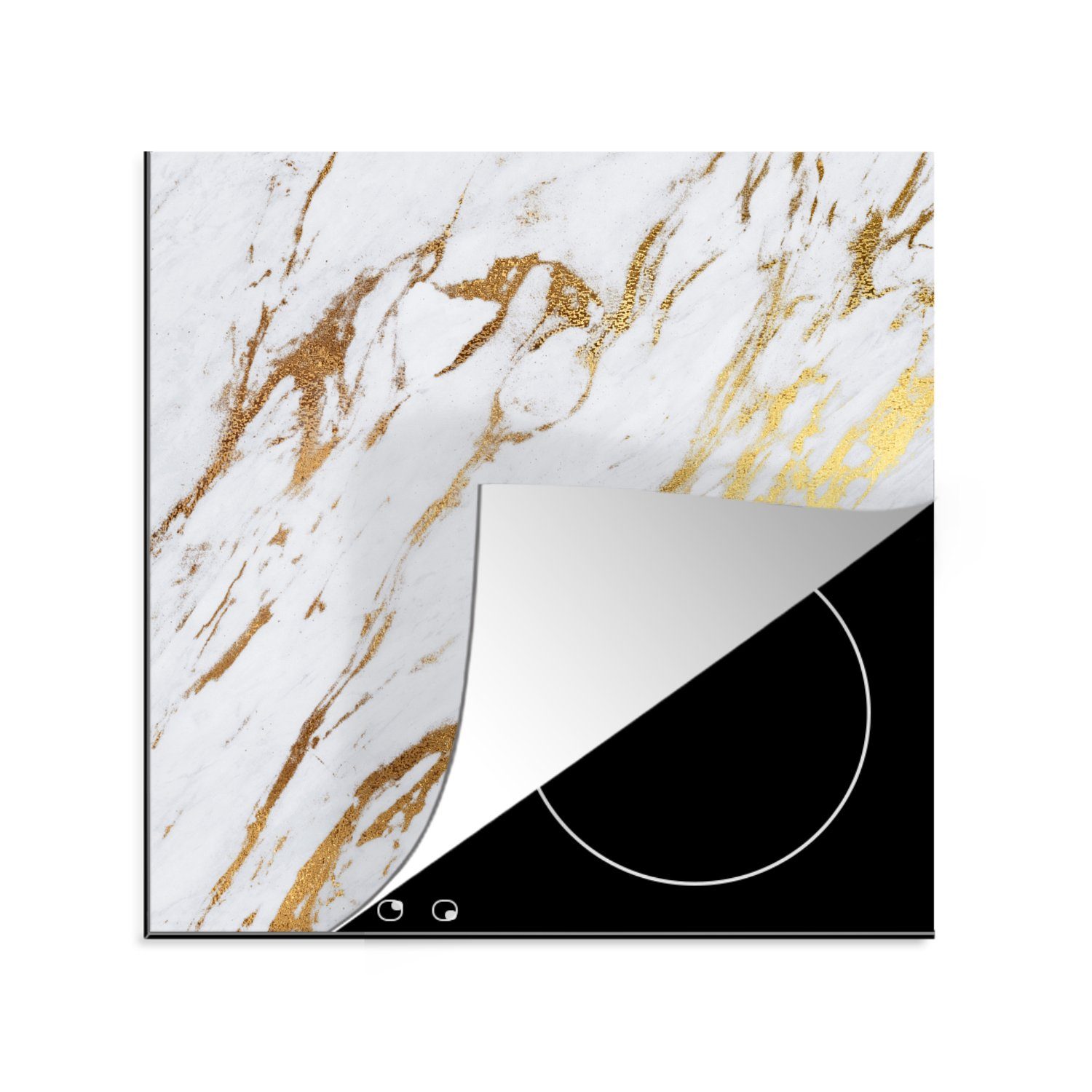 MuchoWow Herdblende-/Abdeckplatte Marmor - Muster - Weiß - Gold, Vinyl, (1 tlg), 78x78 cm, Ceranfeldabdeckung, Arbeitsplatte für küche