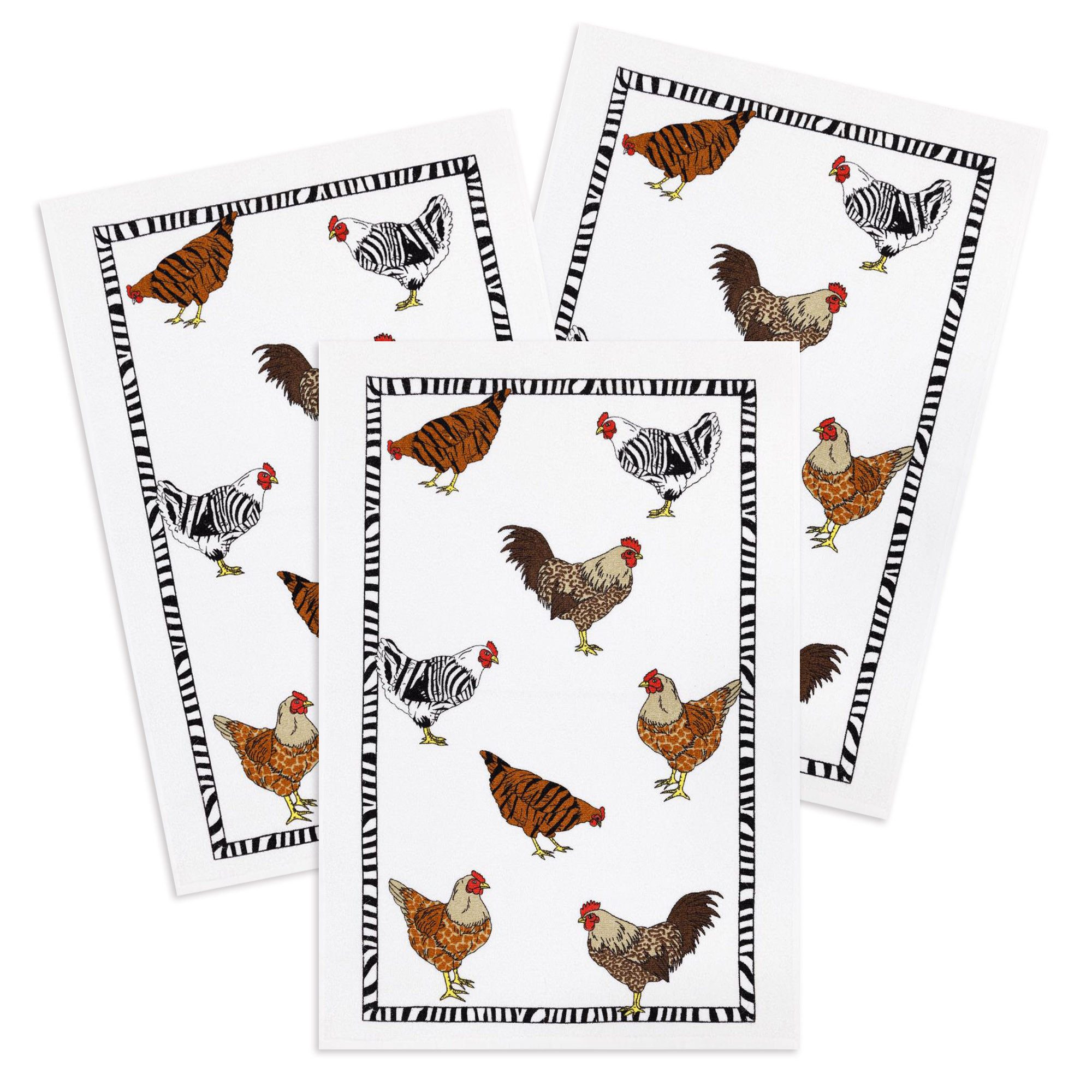Kracht Geschirrtuch Zebrahühner, (Set, 3-tlg., Set), 3er Pack Frottee Küchenhandtücher (3 Stück), ca. 45 x 70 cm Baumwolle