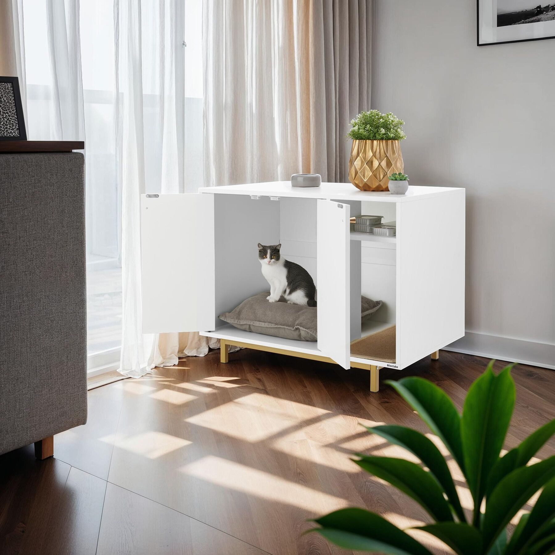 tectake Katzentoilette Katzenklo-Schrank, Kratzmatte, 80 x 52 x 61,5 cm, seitlicher Eingang, 2 große Flügeltüren mit Magnetverschluss, hohe Beine, kleines Staufach