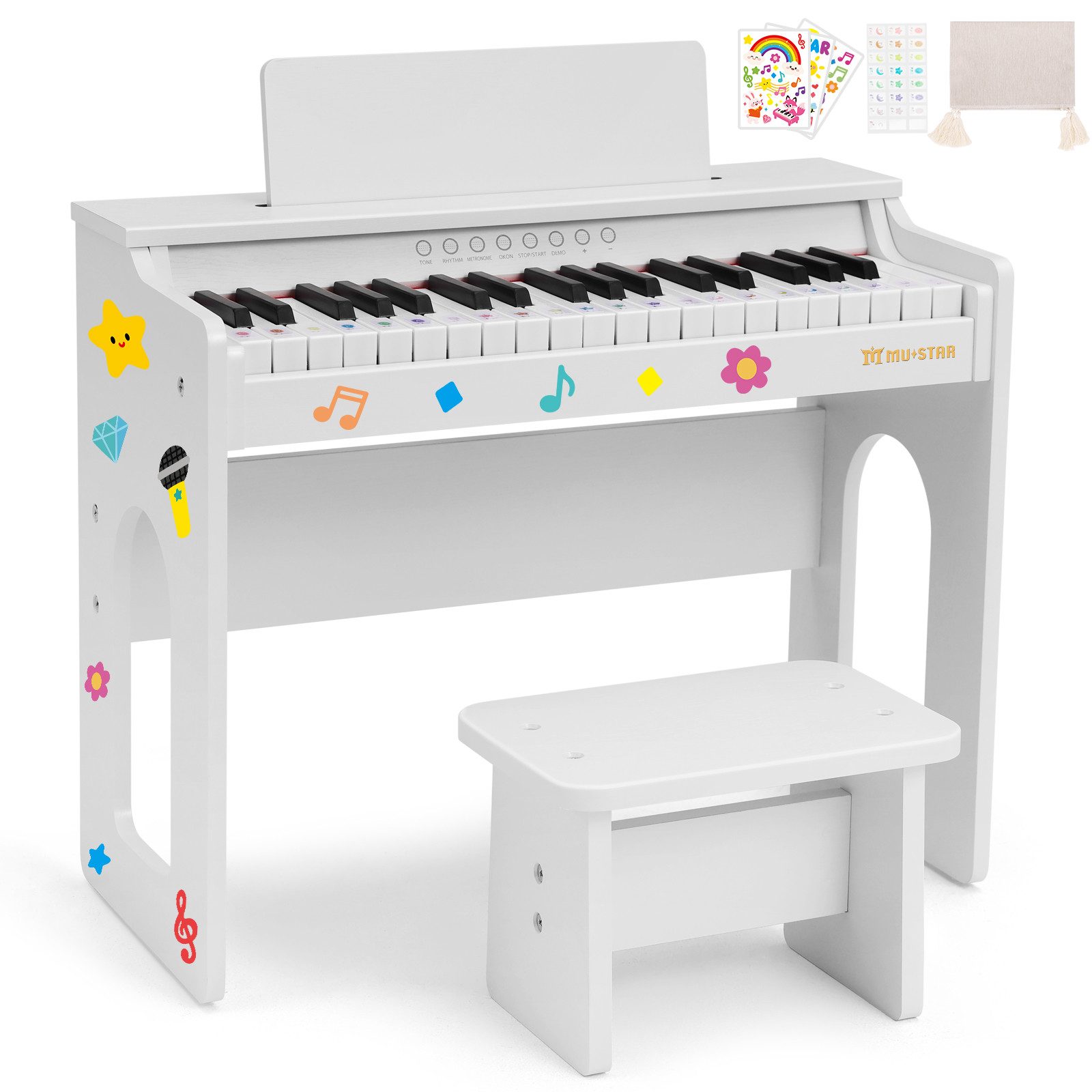MUSTAR Klavier aus Holz mit Hocker, Notenbuch und Aufklebern, 37 Tasten (2-St., mit Piano Bench), 37 Tasten Kinderklavier, DIY Lernaufkleber & Tastaturaufkleber
