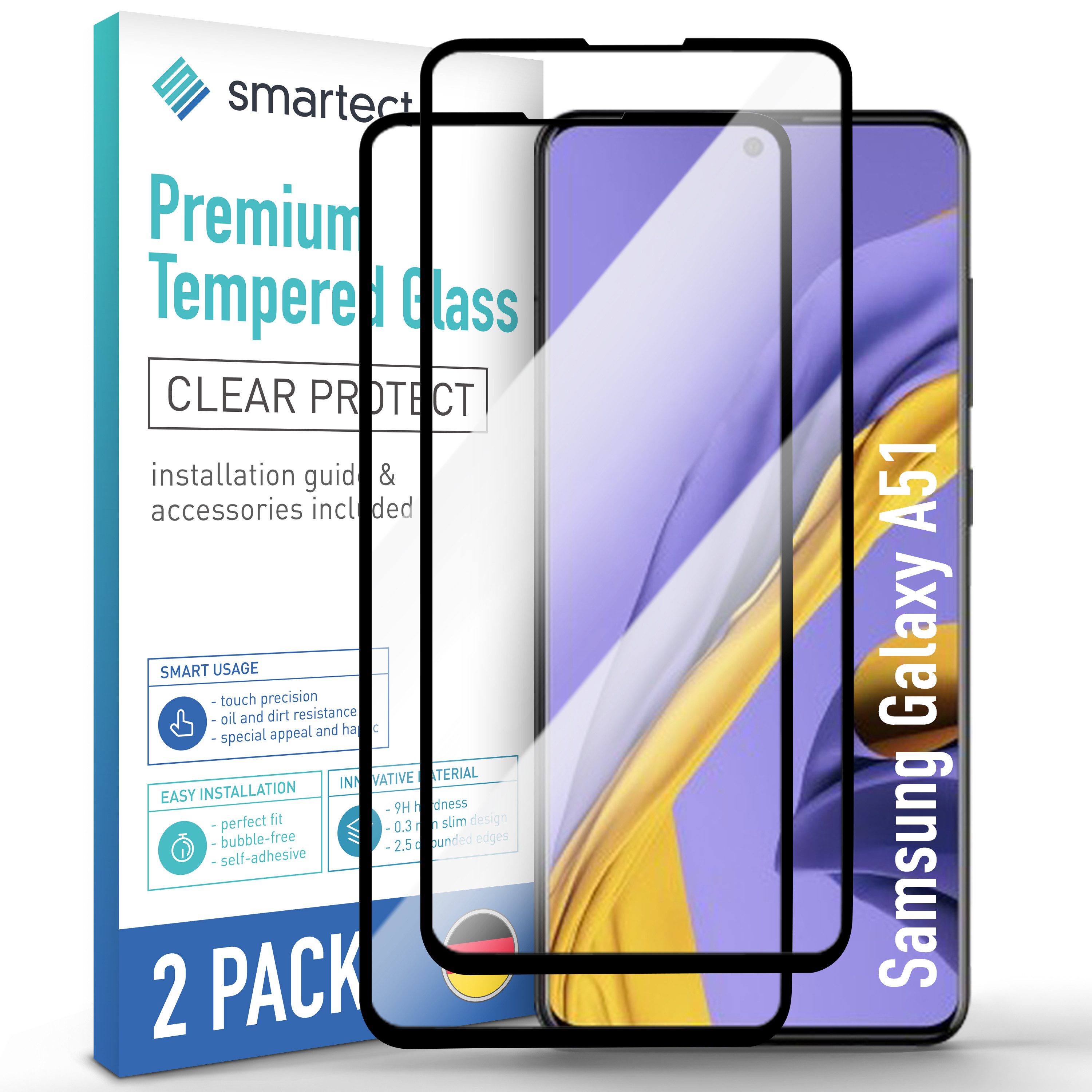 smartect Displayschutzglas 2X Schutzglas Panzerfolie Full Screen für Samsung Galaxy A51 für Samsung Galaxy A51, Set, 2 Stück, 0.3 mm Ultra-klar, 9H Härte, Kratzfest, Stoßfest, Blasenfrei, Oleophob