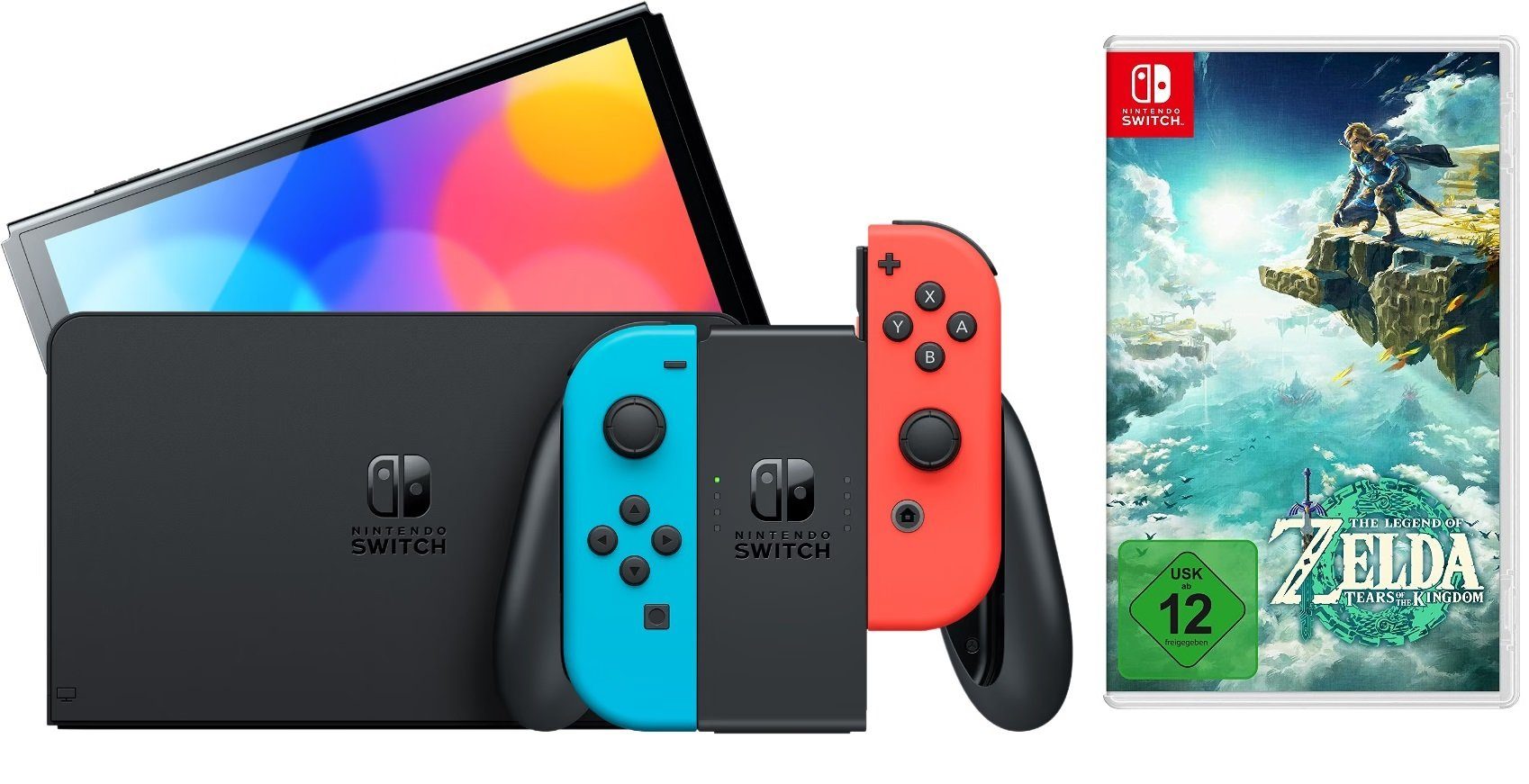 Nintendo Switch OLED Konsole Schwarz Blau Rot (Bundle, inkl. The Legend of Zelda: Tears of the Kingdom Spiel), Handheld Spielekonsole Neonrot/Neonblau Set