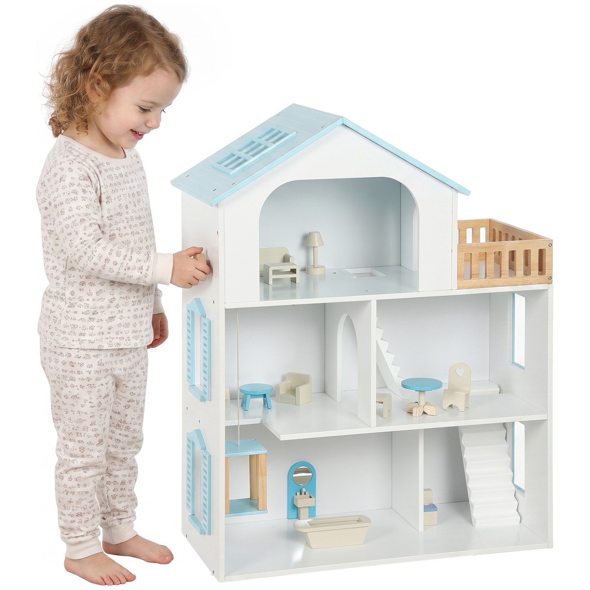 AIYAPLAY Puppenhaus 79,5 cm Hoch 3-stöckig mit Aufzug 13 Möbeln Balkon, (Doll House, 1-tlg., Puppenhaus), Geschenk für Mädchen von 3-6 Jahren Blau