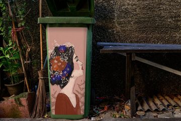 MuchoWow Wandsticker Porträt - Blumen - Frau - Braun - Pastell (1 St), Mülleimer-aufkleber, Mülltonne, Sticker, Container, Abfalbehälter