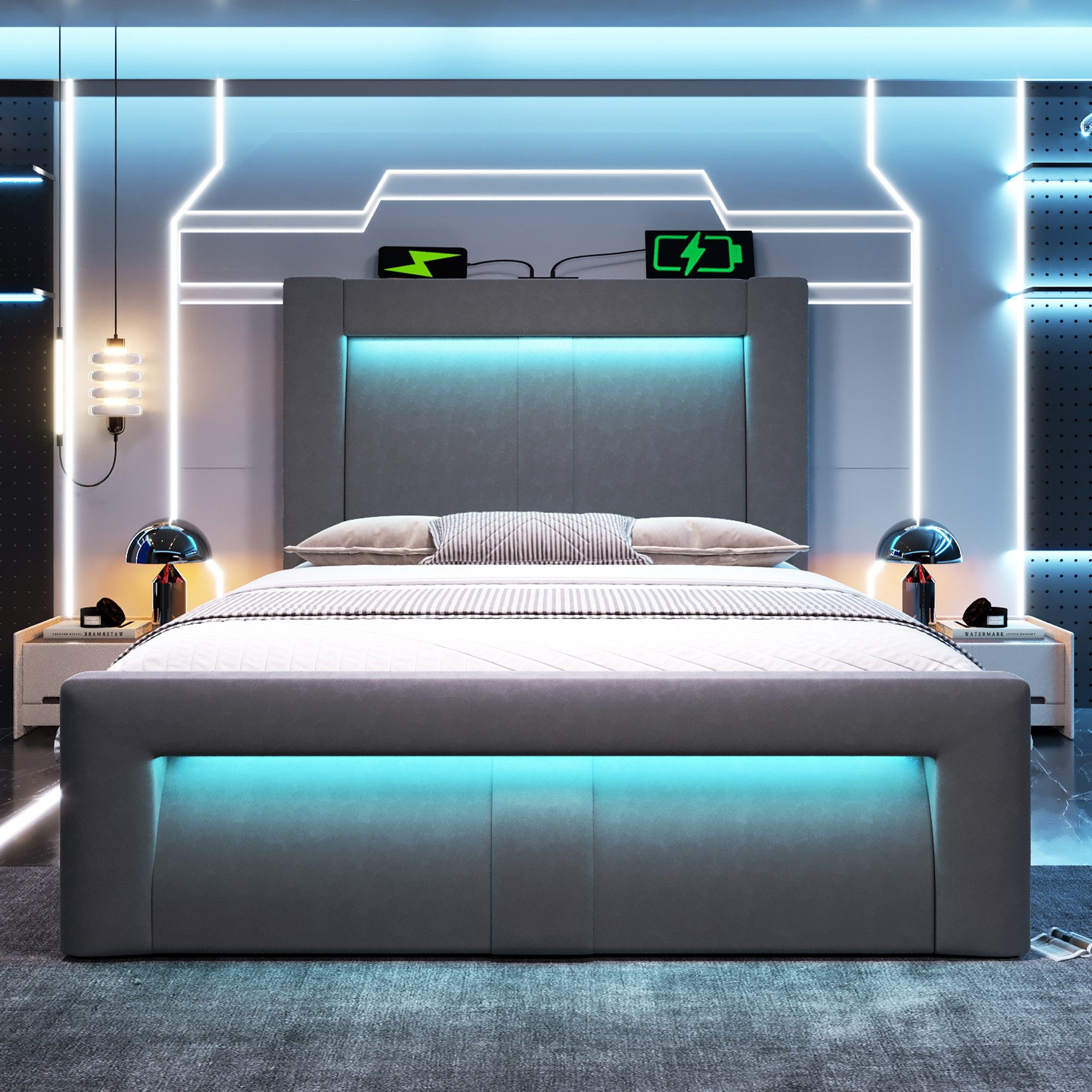 HAUSS SPOLE Stauraumbett mit LED,90x200 Polsterbett Jugendbett mit Kopfteil ohne Matratze