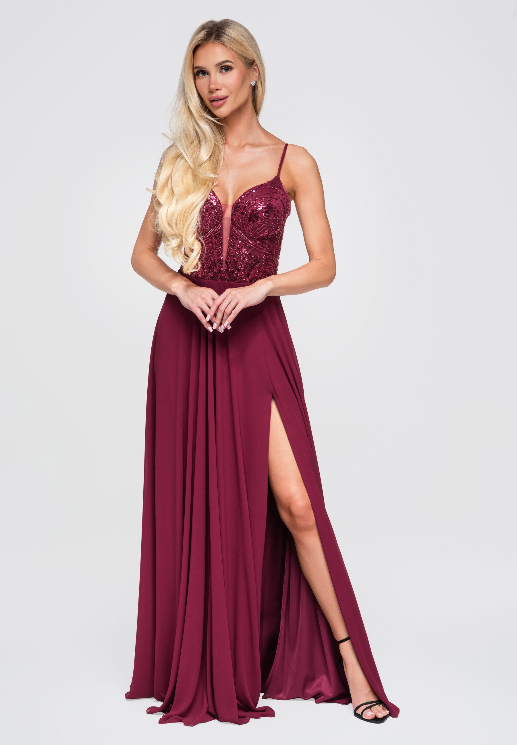 OMBRE Abendkleid Damen Abendkleid mit tiefem Dekolleté und Gorsettschnitt Bordeaux S (kein Set, 1-tlg)