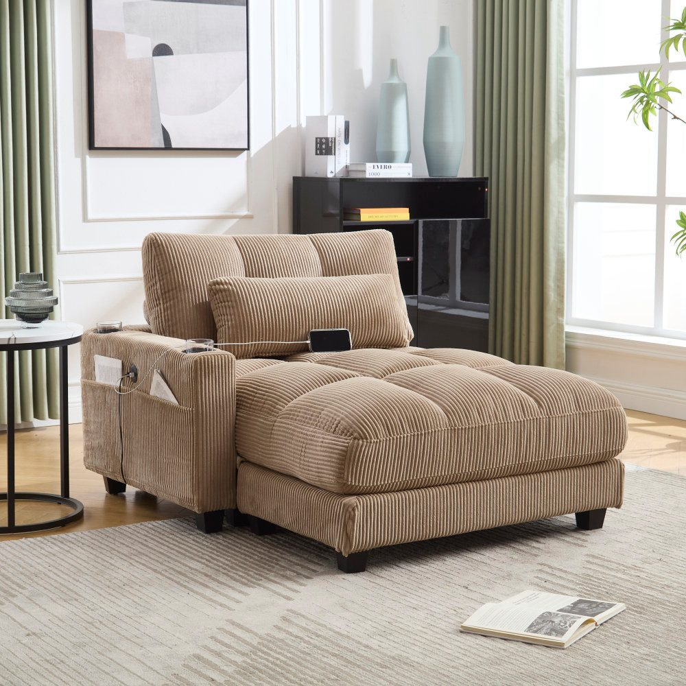 BBG Sessel Cord Sessel XXL mit USB & Type-C Anschluss, 140x112x81 cm ( Loungesessel mit Getränkehalter & Seitentasche), Weicher Fernsehsessel mit Kissen, Moderner Relaxsessel