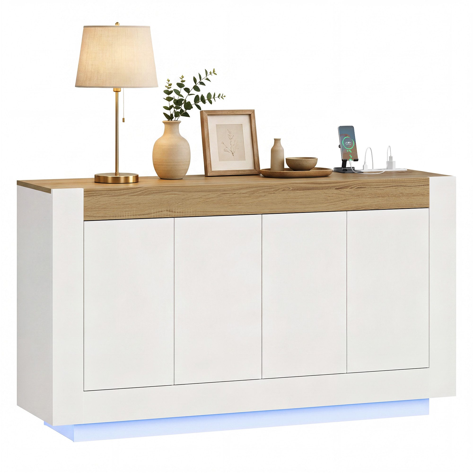 OYRREU Kommode 138 cm, 4 Türen, verstellbare Böden, LED‑Beleuchtung & Steckdose (Sideboard Drucköffnung (1-St), multifunktional, Wohnzimmer, Esszimmerkommode), Flurschrank, OTTO’S CHOICE, TV Lowboard