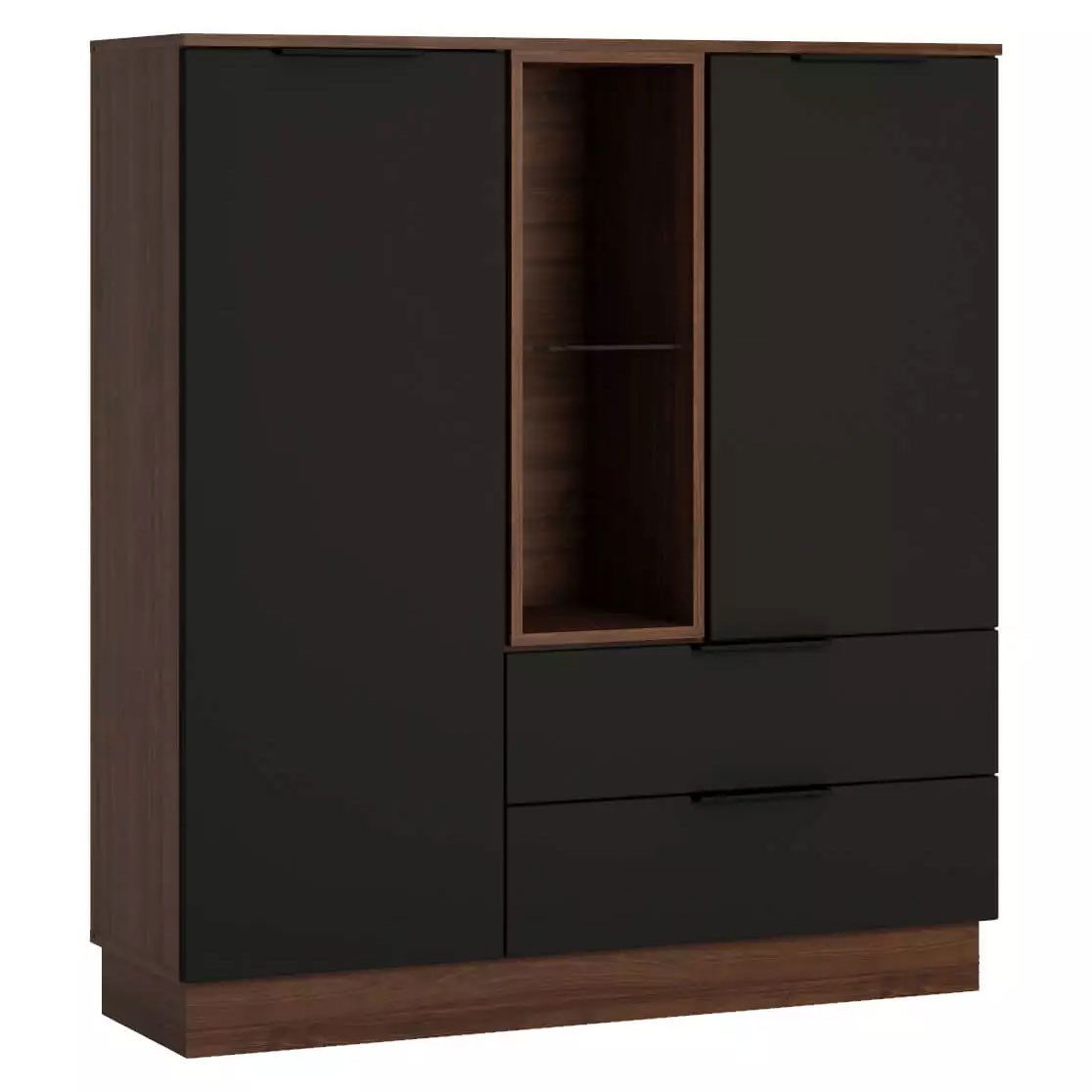 Feldmann-Wohnen Highboard Alicante (2 Türen, 2 Schubladen, 1 offenes Fach, 1 St., moderne Optik, holzfarbene Akzente, Griffstücke), 120x38x135,7cm walnussfarben / schwarzgrau