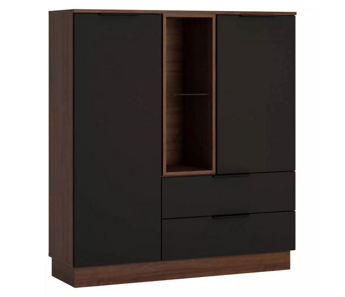 Feldmann-Wohnen Highboard Alicante (2 Türen, 2 Schubladen, 1 offenes Fach, 1 St., moderne Optik, holzfarbene Akzente, Griffstücke), 120x38x136cm walnussfarben / schwarzgrau