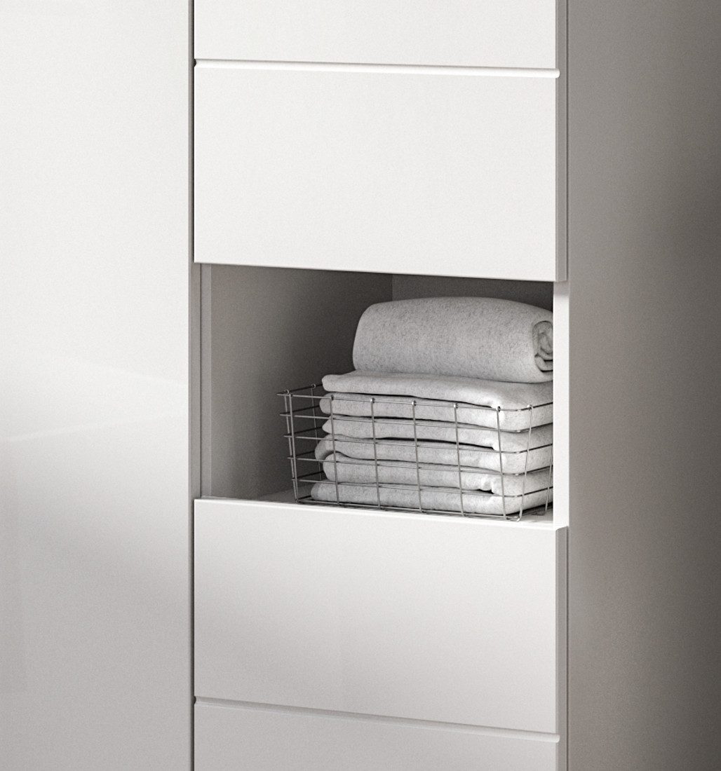 Inn.Furn Badkommode Larik (Bad Midischrank in Weiß Hochglanz, 3-türig, 60 x 131 cm), 9 Fächer für viel Stauraum