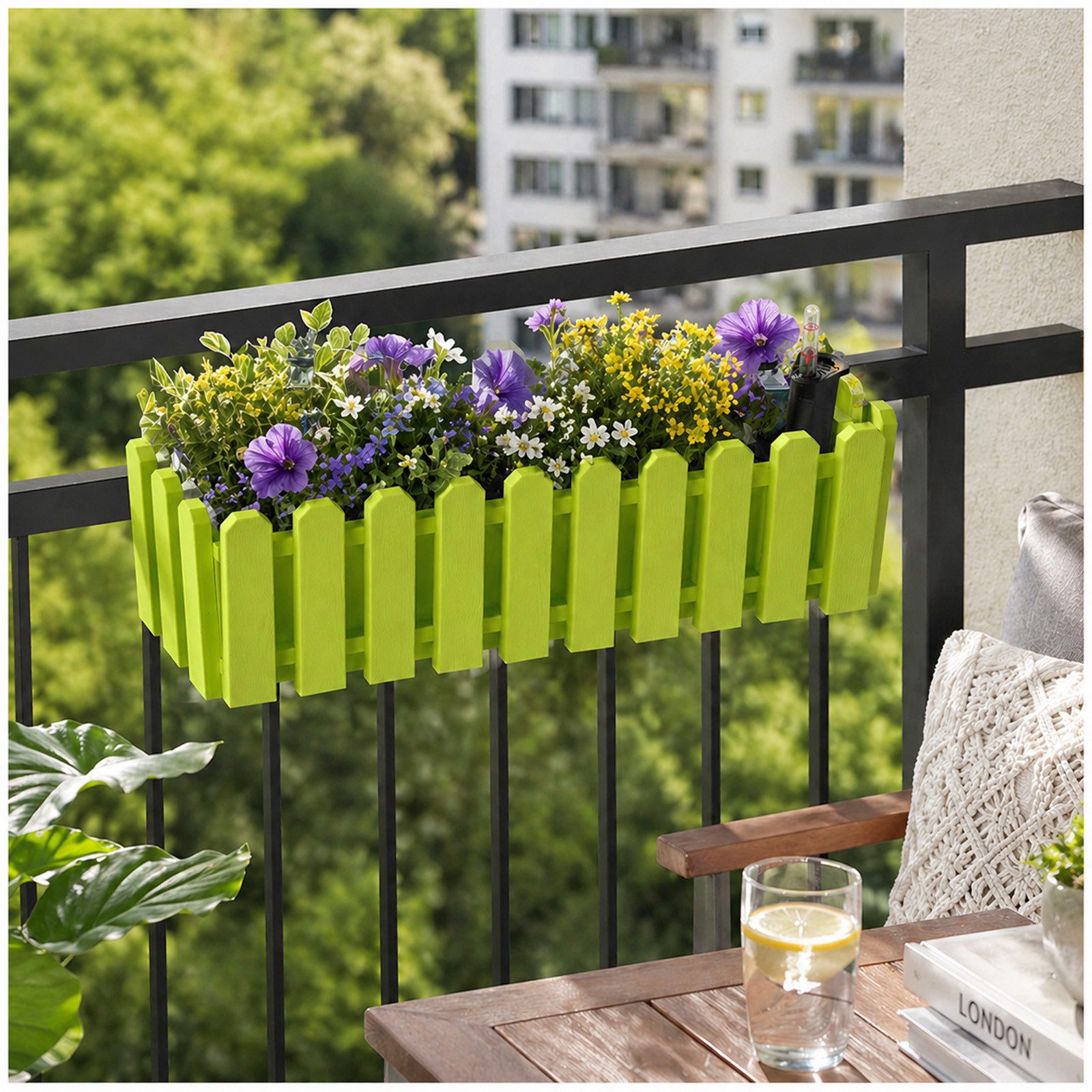 HTI-Living Blumenkasten Blumenkasten mit Wasserspeicher Nessa 50 cm Grün (Stück, 1 St., 1 Blumenkasten), inklusive Wasserstandsanzeige und Balkonhalterung