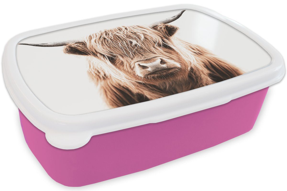 Snackbox, - MuchoWow rosa (2-tlg), Kunststoff, Kunststoff Brotdose Mädchen, Kinder, Schottischer Brotbox Kuh Highlander Lunchbox für Erwachsene, Stier, -