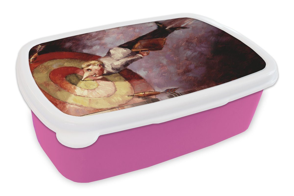 MuchoWow Lunchbox Eine Illustration eines Mädchen, Snackbox, (2-tlg), Erwachsene, Kinder, Brotdose Brotbox Kunststoff, Dartscheibe, Geschäftsmannes Kunststoff der für in rosa