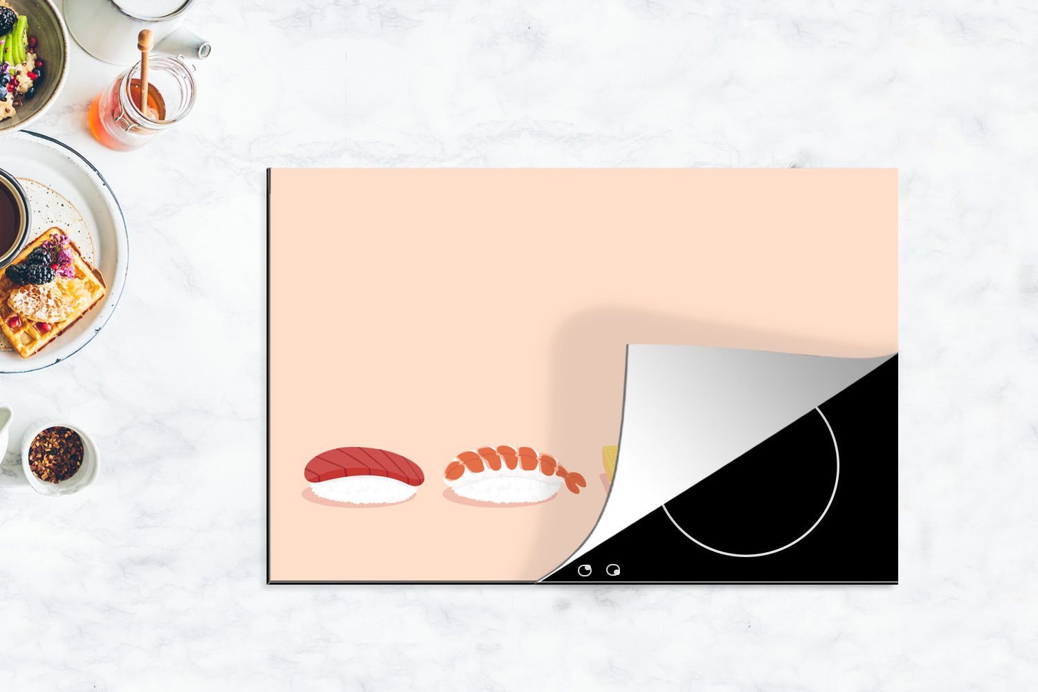 MuchoWow Herdblende-/Abdeckplatte Illustration (1 Hintergrund, Sushi tlg), Vinyl, hellrosa für cm, Induktionskochfeld auf küche, 81x52 Schutz Ceranfeldabdeckung die