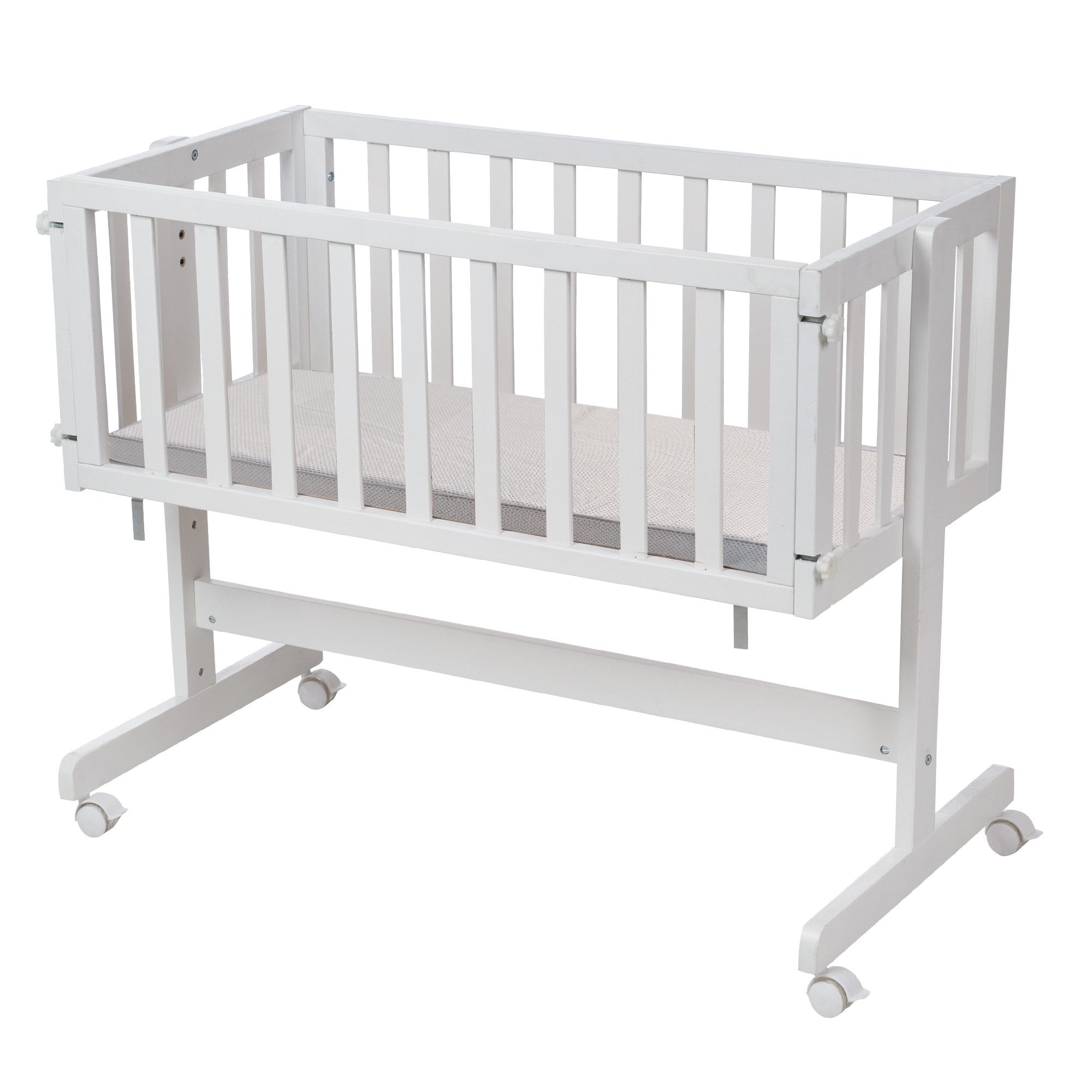 roba® Beistellbett & Stubenwagen Basic - aus Holz - Weiß lackiert, mit Matratze - passt zu Elternbetten mit Liegehöhe von 27 bis 42 cm