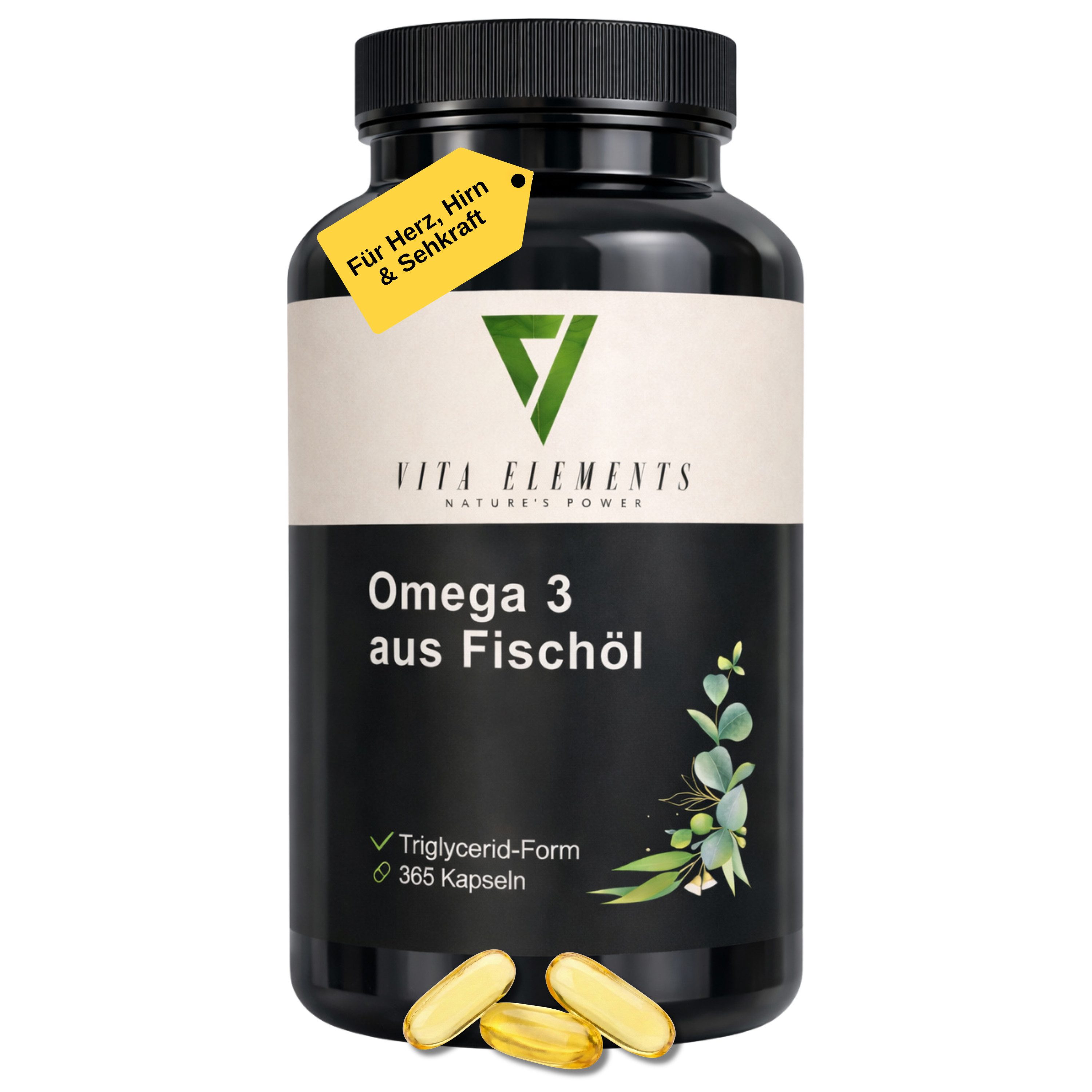 Vita Elements Omega 3 aus Fischöl Kapseln, 365 St., Aus nachhaltigen Fischfang Frei von Gentechnik Laborgeprüft