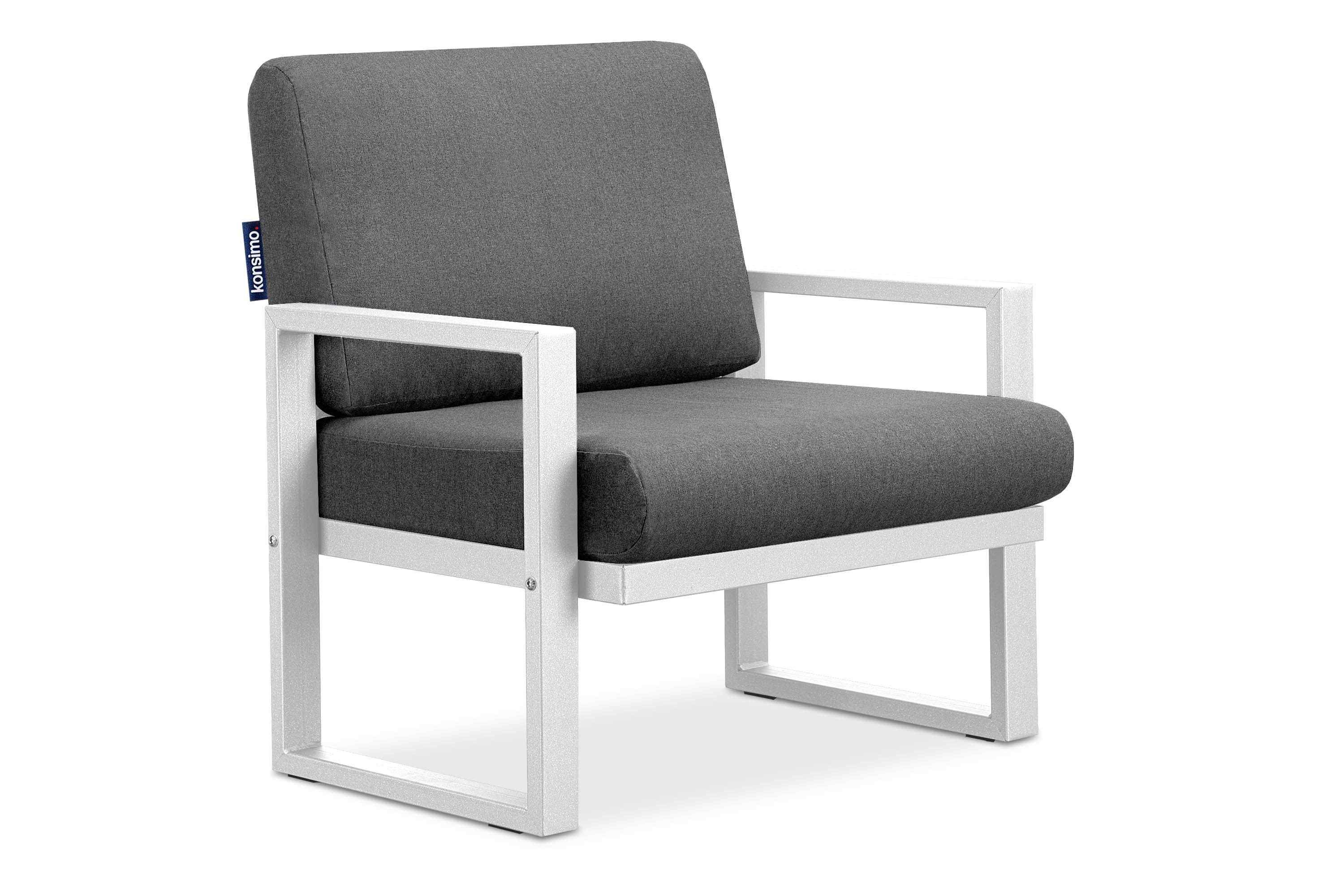 Konsimo Gartensessel FRENA Garten-Sessel (1x Sessel), pflegeleicht, bequeme Sitz- und Rückenkissen, schmutz- und wasserabweisend, UV-Beständigkeit weiß / grau