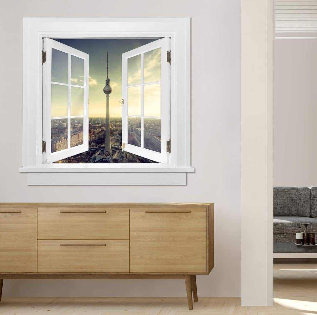 K&L Wall Art Wandtattoo 3D Aufkleber Stadt Urlaub Aussicht auf den Fernsehturm Berlin, Fenster Wandbild selbstklebend