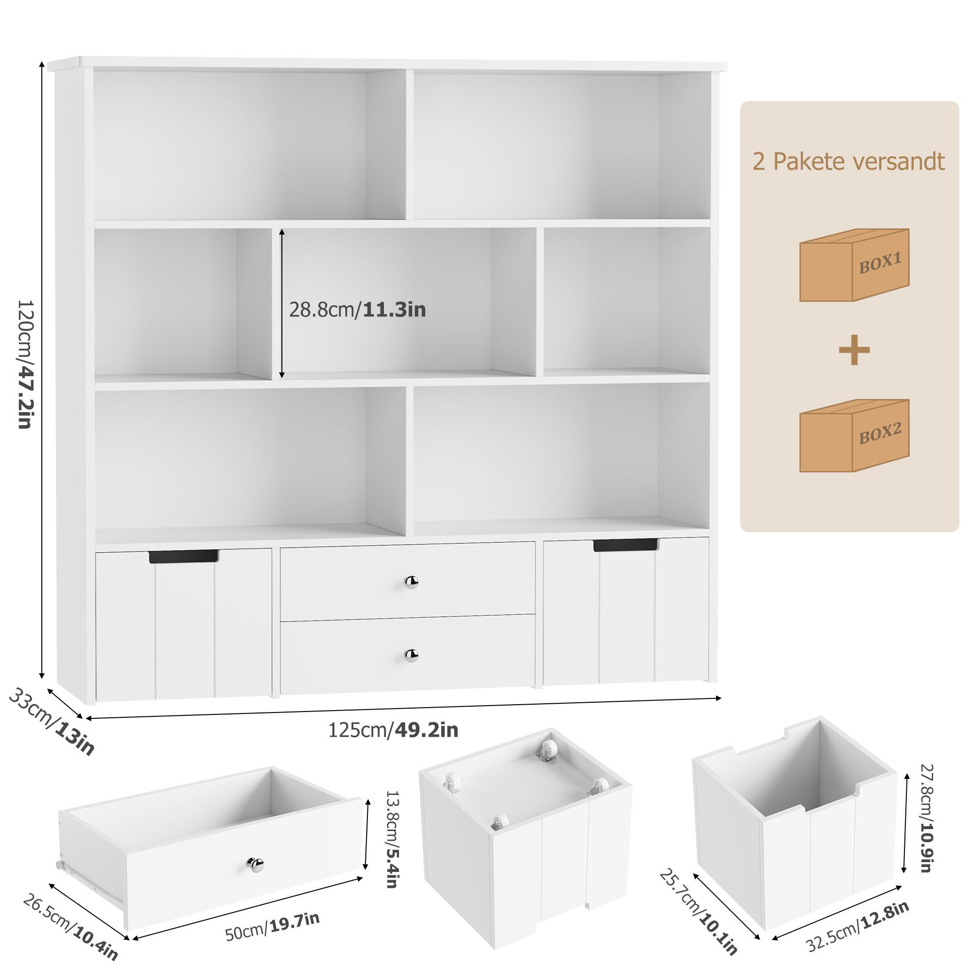 Homfa Kinderregal mit 2 Spielzeugkisten auf Rollen und 2 Schublade, Spielzeugregal mit 7 offenen Fächern Spielzeugtruhe 125x120x33cm weiß – Bild 3 von 5