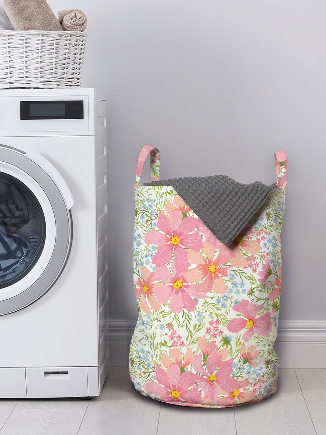 Kordelzugverschluss Griffen für Abakuhaus und Waschsalons, Kräuter Pastell Wäschekorb Wäschesäckchen mit Frühlings-Blumen