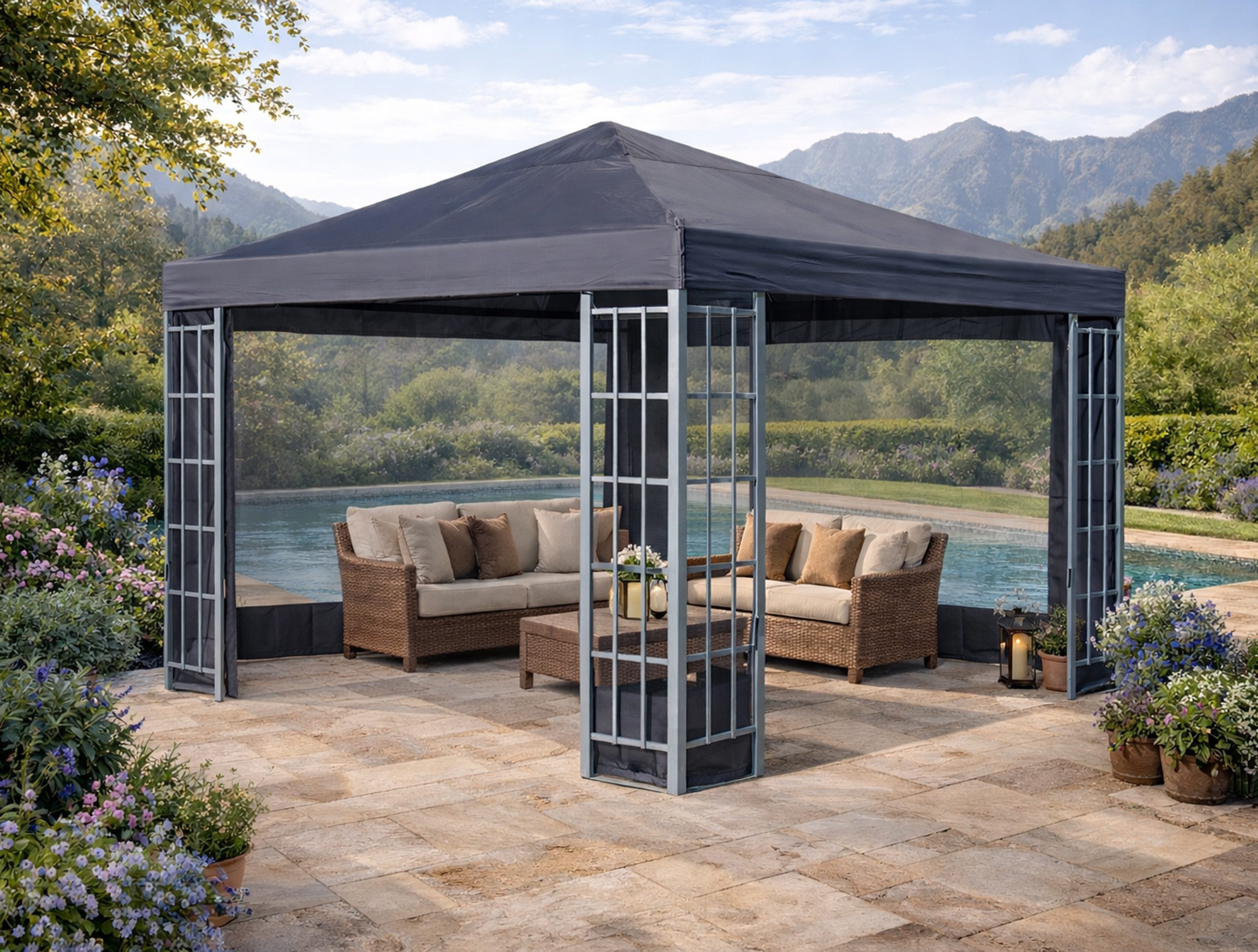 Quick Star Pavillon Rankpavillon 3x3m Anthrazit mit 2 Seitenteilen mit Fenster, mit 2 Seitenteilen