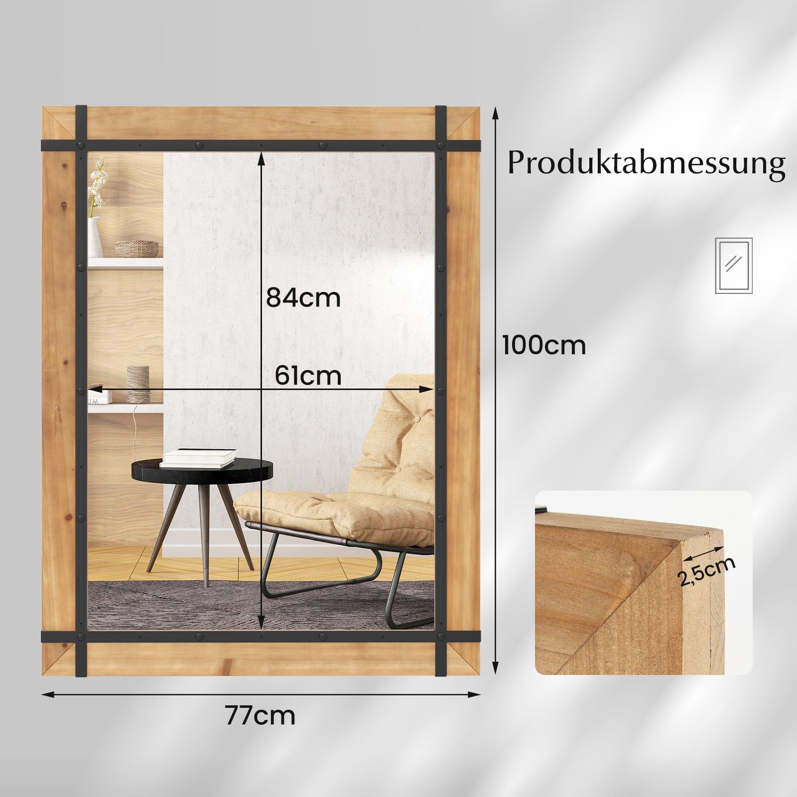 COSTWAY Spiegel, Wandspiegel mit Holzrahmen, unbrechbar, 77 x 100 cm