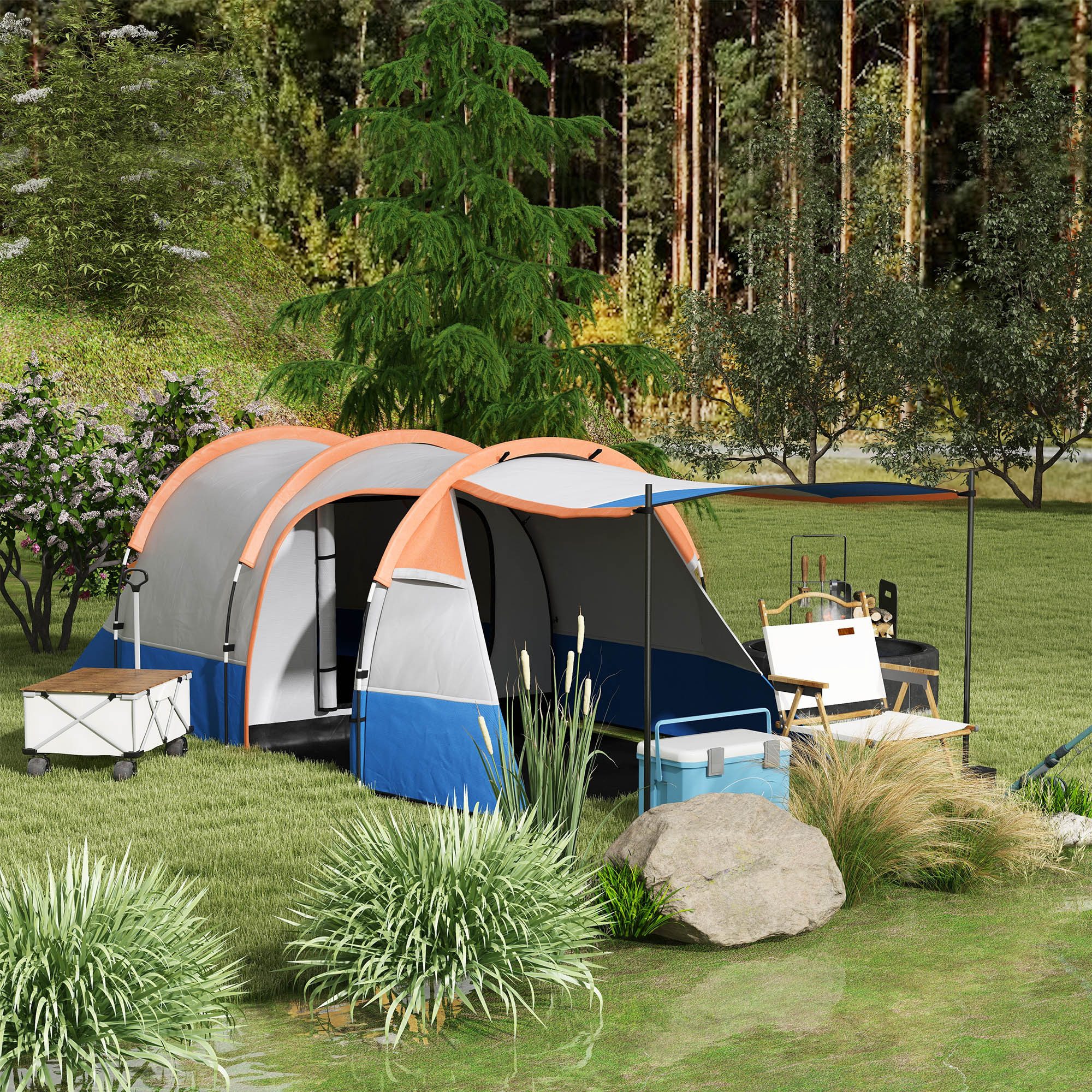 Outsunny Tunnelzelt Campingzelt, Personen: 2 (mit Lichthaken, 2 Räumen, 1 tlg., Winddicht Familienzelt mit Tragetasche), 2000mm Wasserabweisend Zelt für Camping