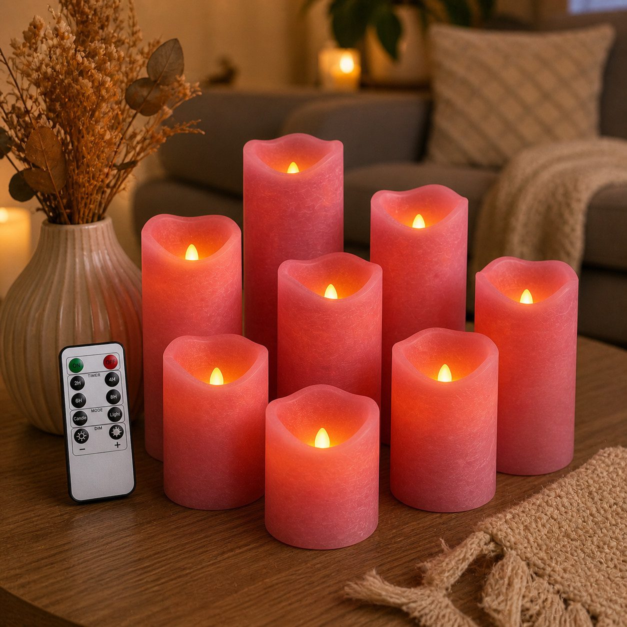 HSE24 LED-Kerze LED Kerzen Set 10er Stumpenkerzen mit Fernbedienung Timer warmweiß (Set LED Kerzen 10er Stumpenkerzen mit Fernbedienung Timer, LED Kerzen Set 10 Stück Stumpenkerzen mit Fernbedienung Timer), Flackerlicht Timer Fernbedienung warmweiß realistische Optik