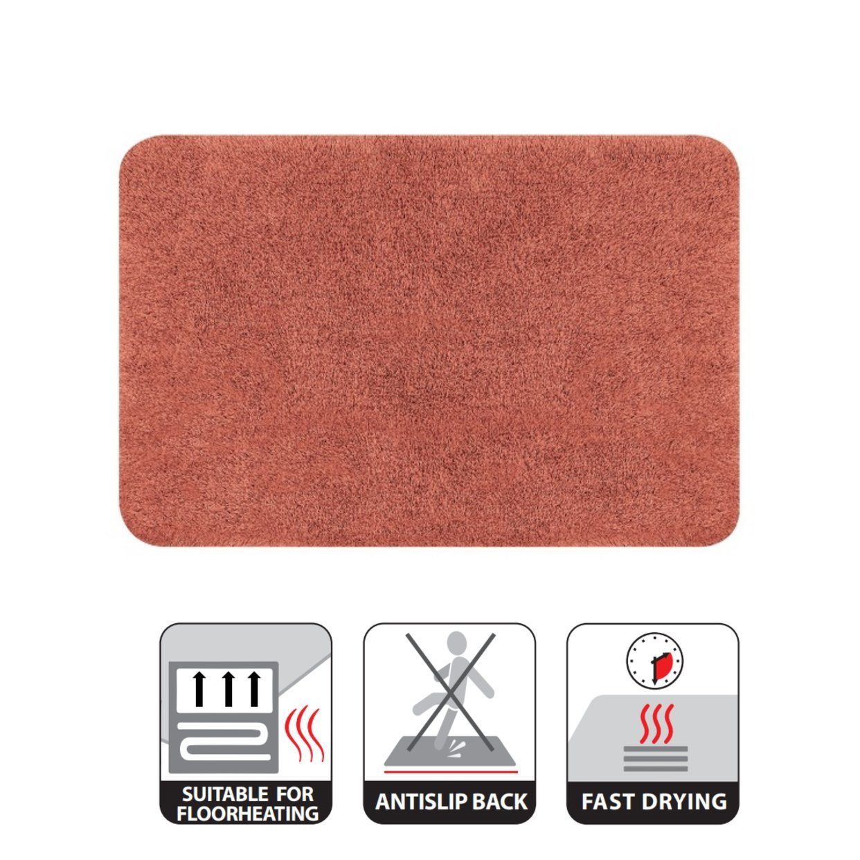 Badematte BREE, Höhe 30 mm, Rutschhemmende Unterseite aus Latex, fußbodenheizungsgeeignet, schnell trocknend, strapazierfähig, Acyrl, rechteckig, Badteppich Hochflor, 100% Acryl, Anti-Rutsch Beschichtung, für Fußbodenheizung geeignet, waschbar 40°, schnelltrocknend, 70 x 120 cm, terracotta rot