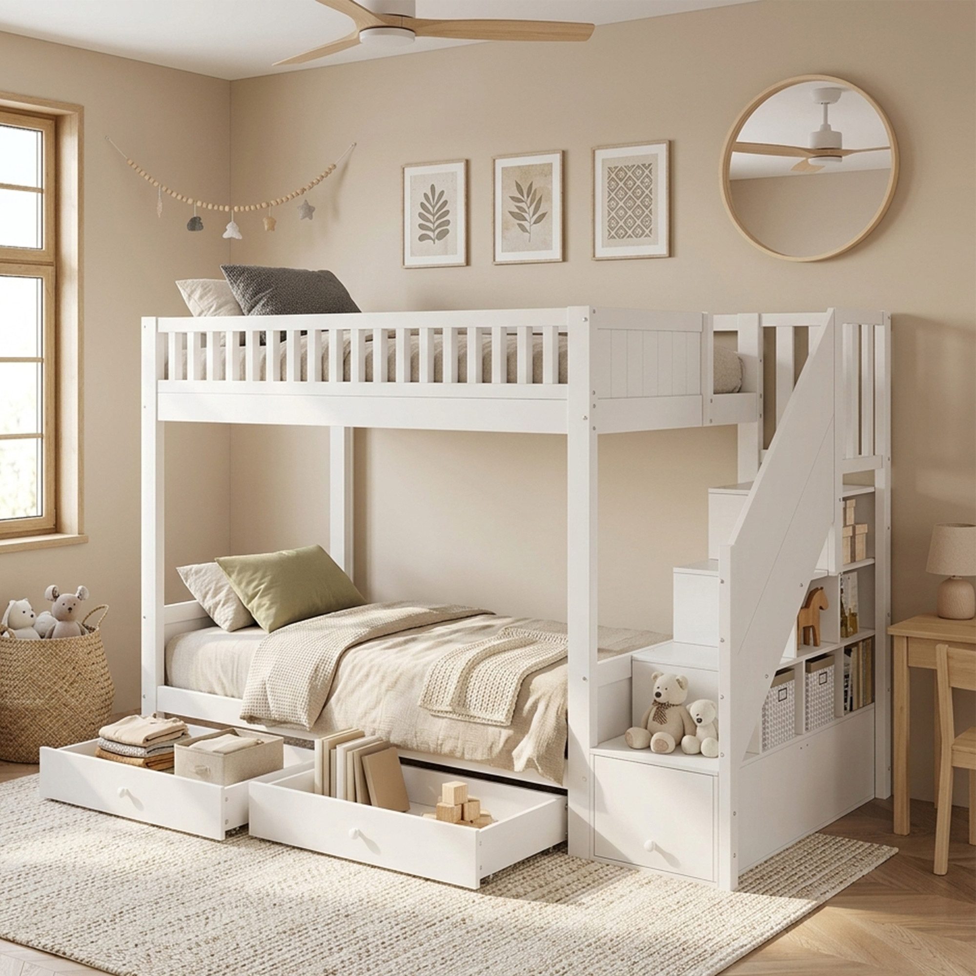 Flieks Etagenbett, Kinderbett 90x200cm mit 2 Schubladen Stauraumtreppe Rausfallschutz