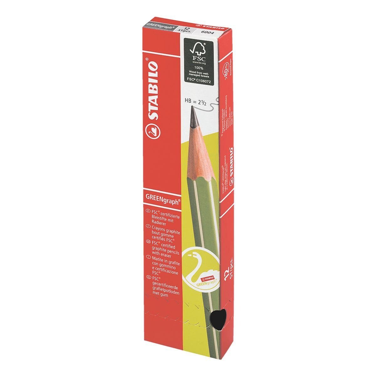STABILO Bleistift GREENgraph 6004, (12-tlg), HB (mittelweich), Sechskant, mit Radiergummi