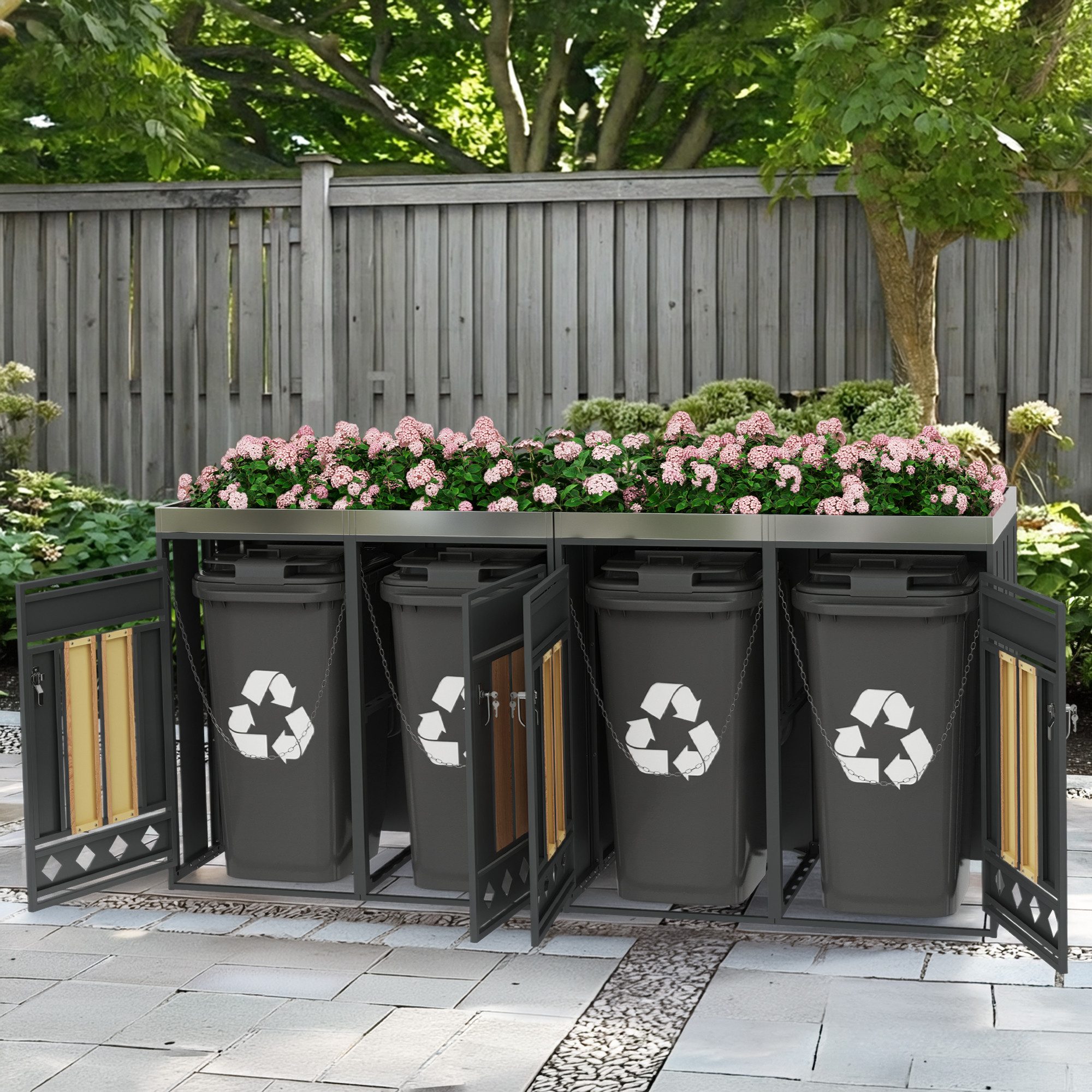 Refined Living Mülltonnenbox Mülltonnenbox mit Pflanzdach, Holzoptik & Belüftung Stahl abschließbar (4 Fächer, für 120–240L Tonnen, verzinkter Stahl, mit Pflanzfläche, 2 St., vertikale Holzoptik, rautenförmige Belüftung, abschließbar), modulare Verbindung, ideal für große Gärten & Gewerbe