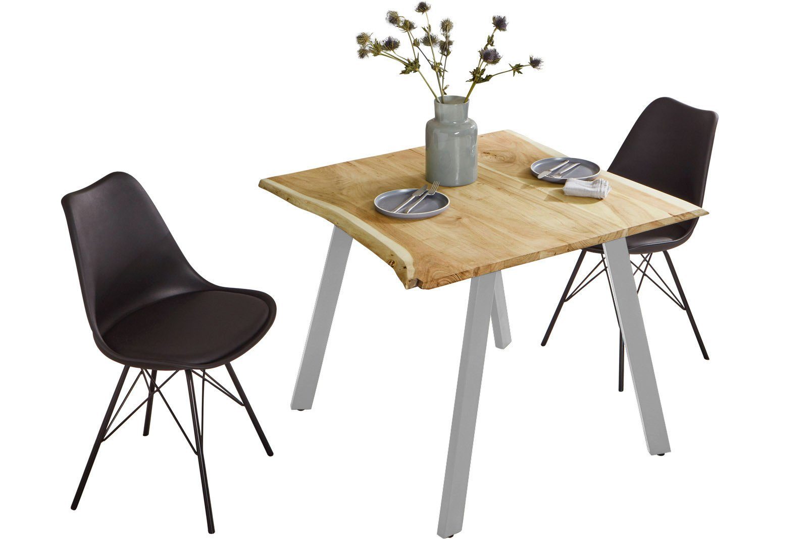 SAM® Essgruppe Gadwal, Akazienholz, naturfarben, Baumkante, Metallbeine + 2 Stühle silber