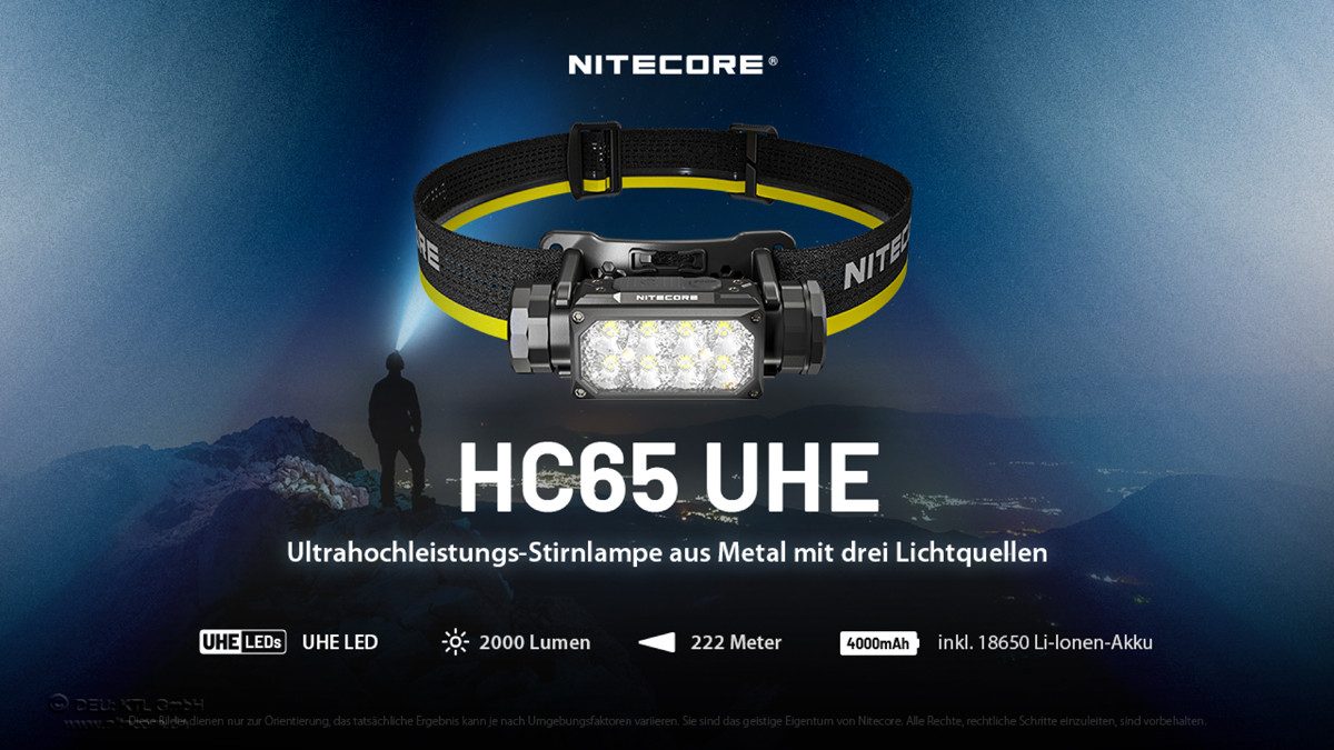 Nitecore LED Stirnlampe HC65 UHE - 2000 Lumen - 2 Lichtquellen weiss und Rotlicht - GRAU (1-St)