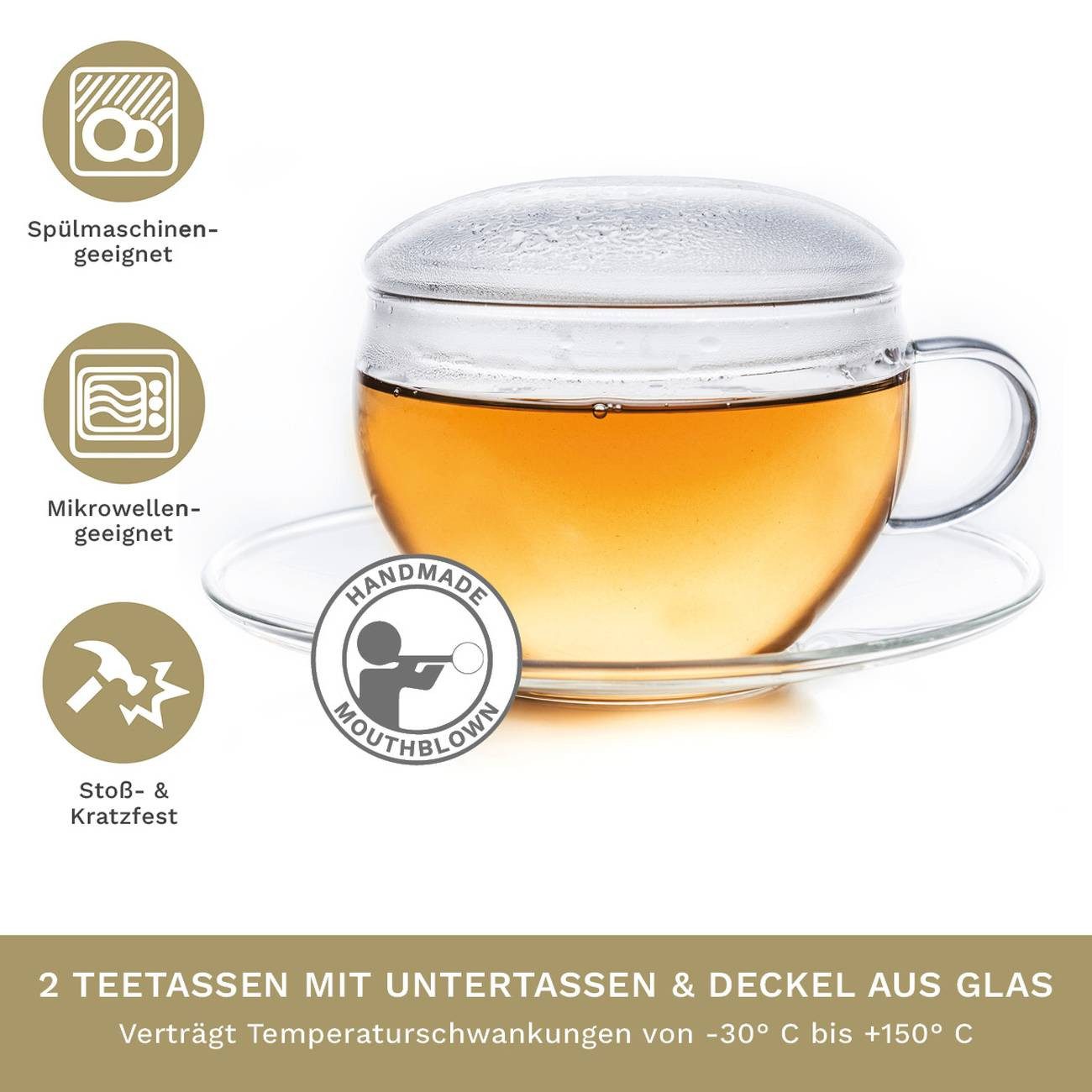 Creano Teeglas Glastasse 2er-Set mit Untertasse & Deckel, 200ml, Glas, 2 bedruckte Gläser