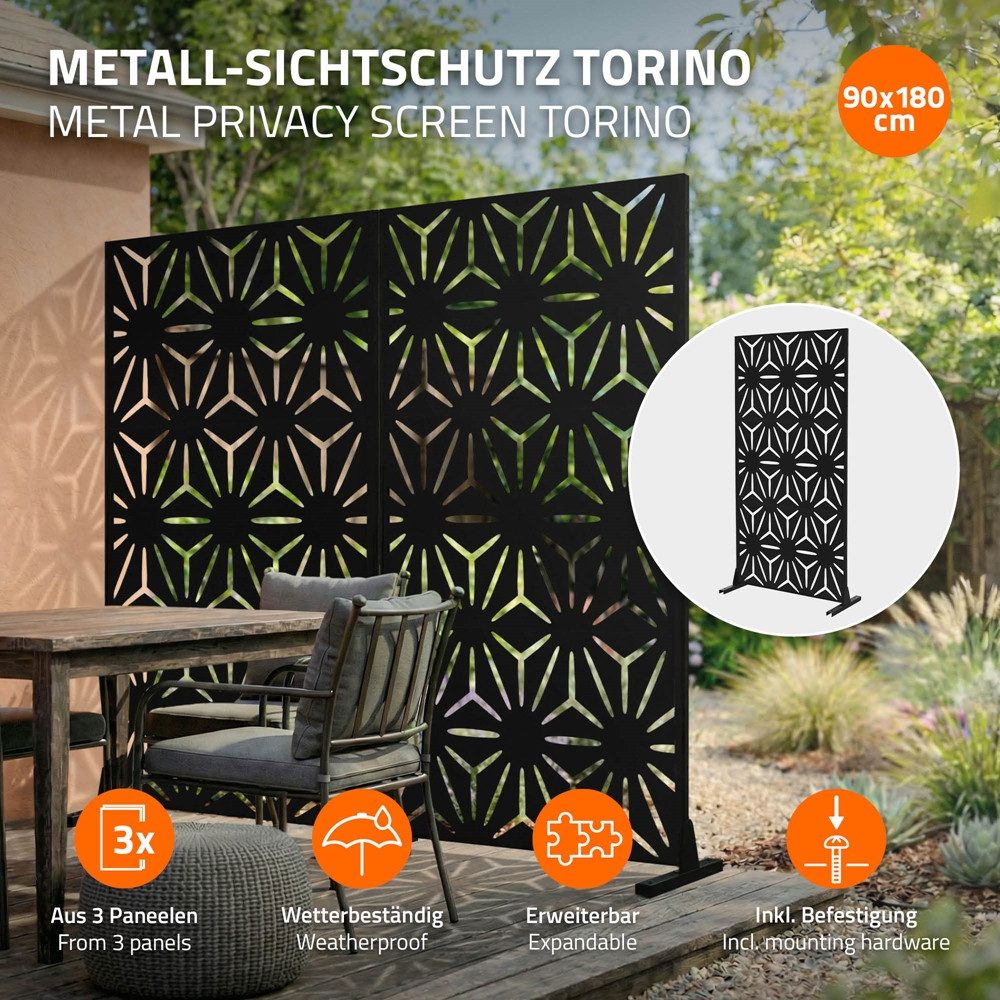 ML-DESIGN Sichtschutzelement Metall-Sichtschutz Paravent erweiterbar mit Ständer Sichtschutzwand, Raumteiler mit 3 Paneele Torino 90x180cm Stahl freistehend Trennwand