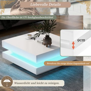 Gotagee Couchtisch LED Quadratischer Couchtisch Modern Beistelltisch Wohnzimmertisch Weiß