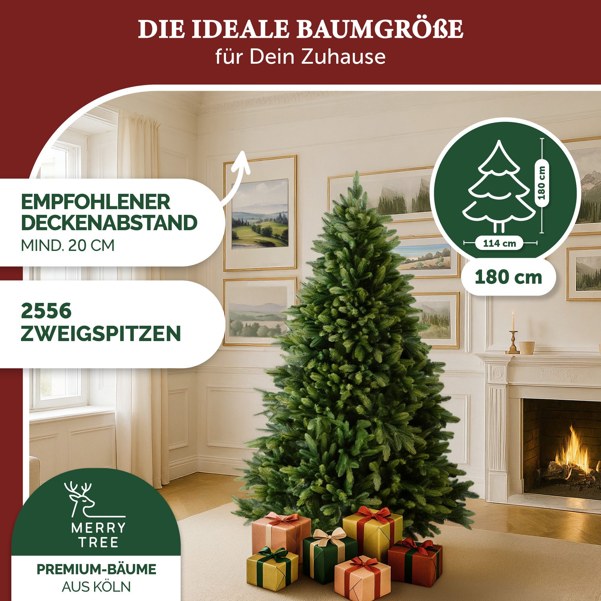MERRY TREE Künstlicher Weihnachtsbaum Luxus Kunst-Tannenbaum, 100 % PE-Nadeln, Holzfuß, Nordmantanne, mit/ohne LED-Beleuchtung, Tannenbaum Spritzguss