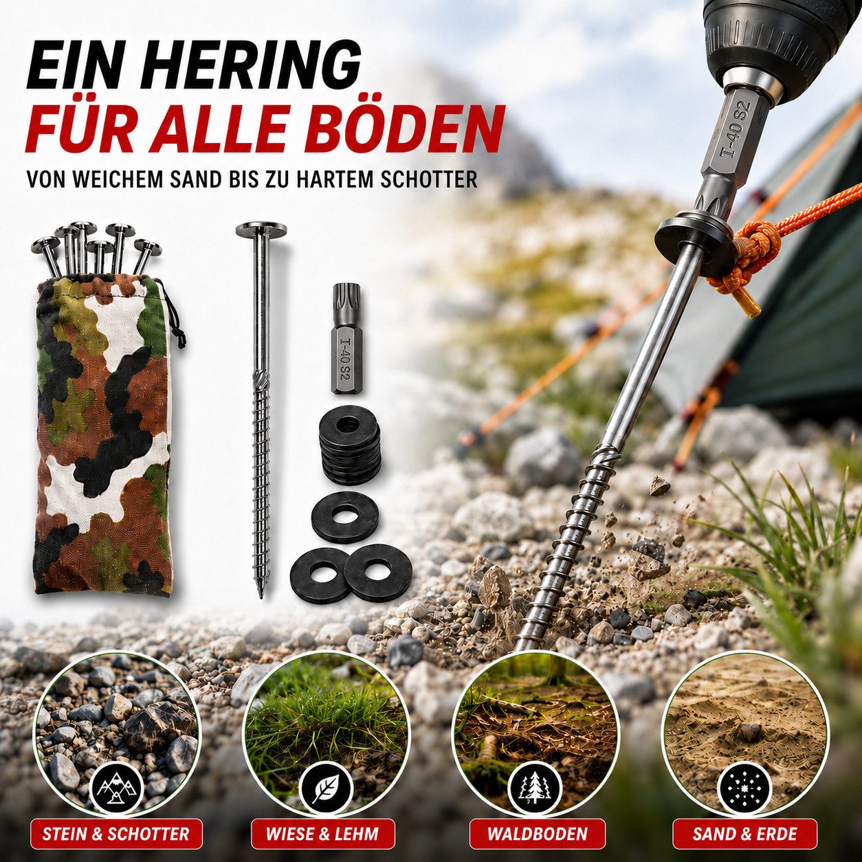 Torvon Zelthering Camping Set Erdschrauben aus Edelstahl A2 mit TX40 Bit 18 Stück, (18-St)