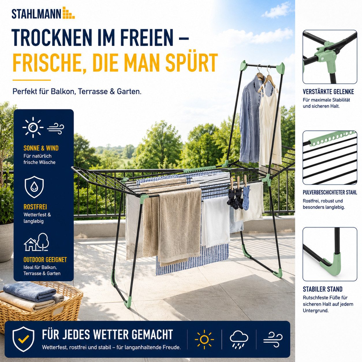 STAHLMANN COMMERCE GmbH Wäscheständer Schwarz XXL, 30 m, mit Kleiderstange, klappbar, Rollen, Sockenhalter, 2-in-1 mit Kleiderstange, Rollen & Sockenhalter – Bild 4 von 5
