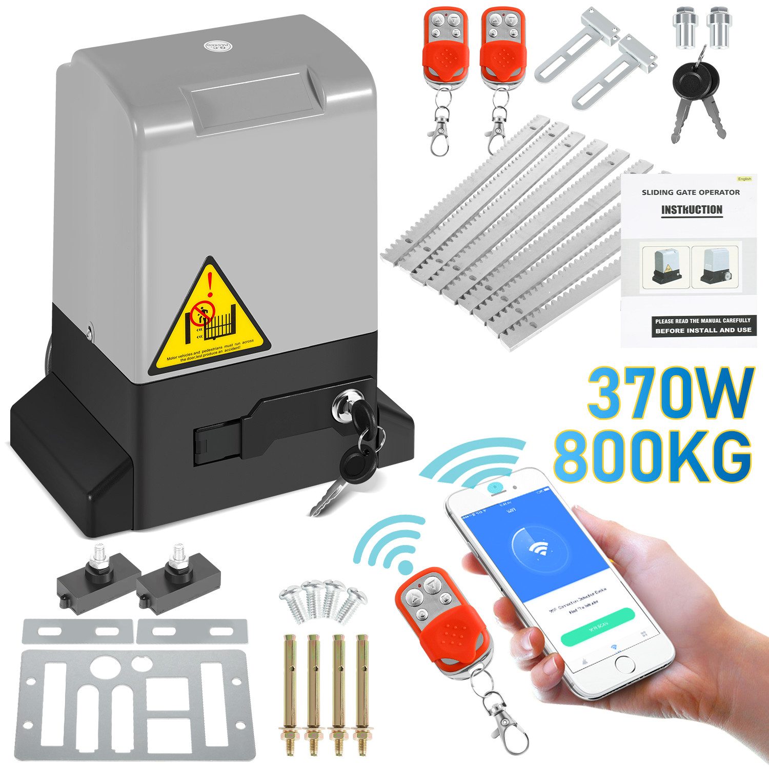 Clanmacy Schiebetorantrieb 370W Torantrieb Toröffner Motor 800kg Schiebetor APP Komplett-Set, mit Gleitschiene, (IP44 wasserdicht, mit 2 orangen Schlüssel und 1 Fernbedienung), Betriebene Türen Eisenwaren