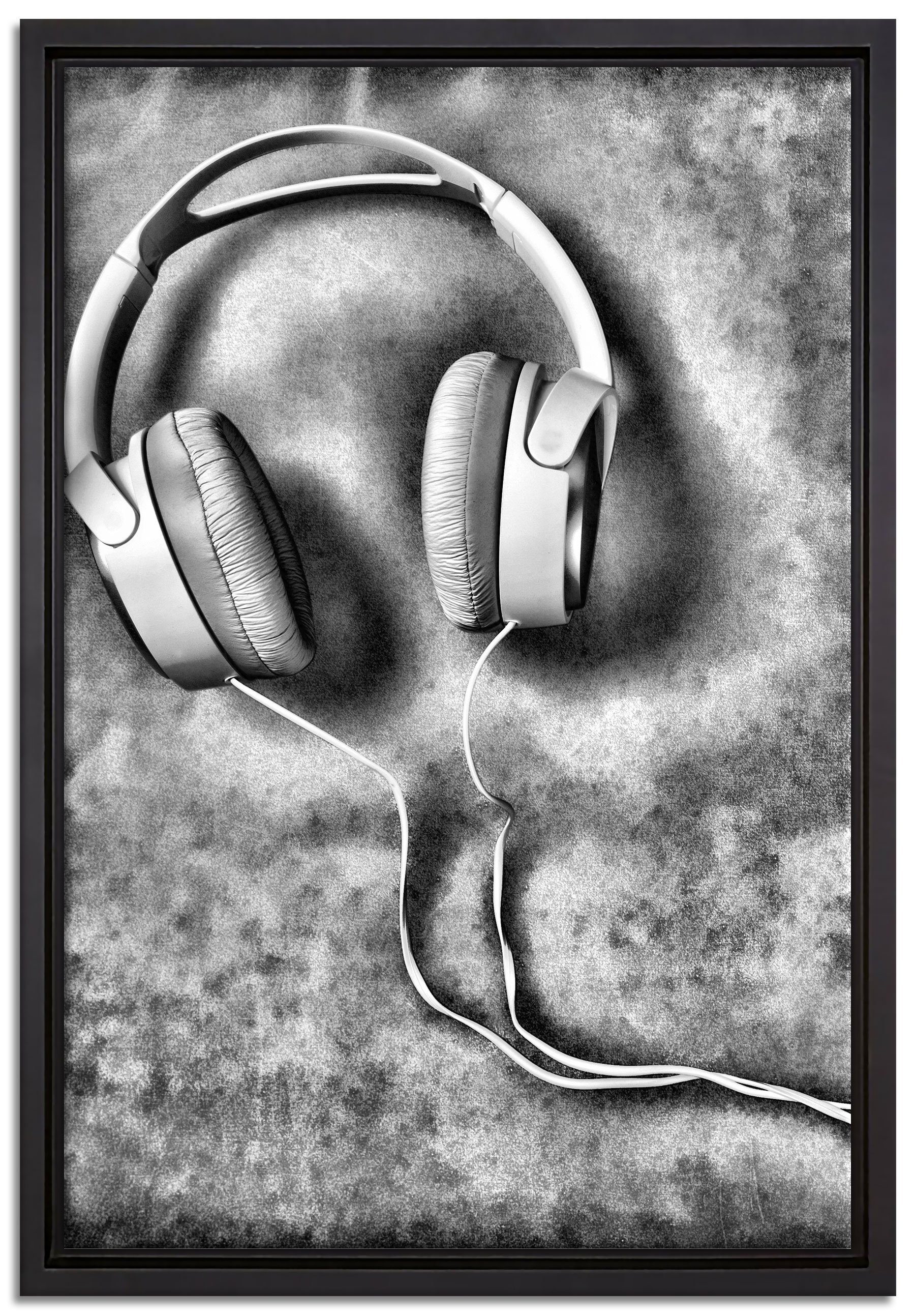 Pixxprint Leinwandbild Weiße Kopfhörer, Wanddekoration (1 St), Leinwandbild fertig bespannt, in einem Schattenfugen-Bilderrahmen gefasst, inkl. Zackenaufhänger