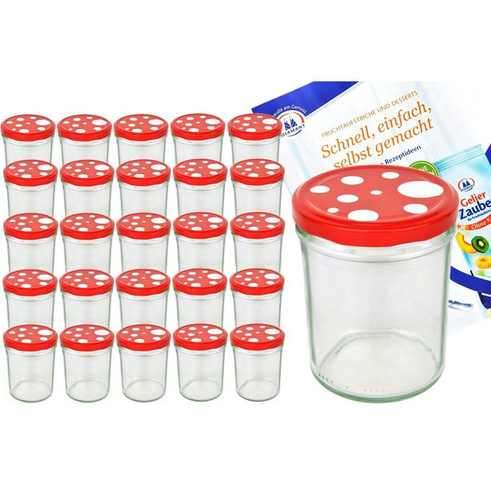 MamboCat Einmachglas 25er Set Sturzglas 435 ml To 82 Fliegenpilz Deckel rot weiß gepunktet incl. Diamant Gelierzauber Rezeptheft