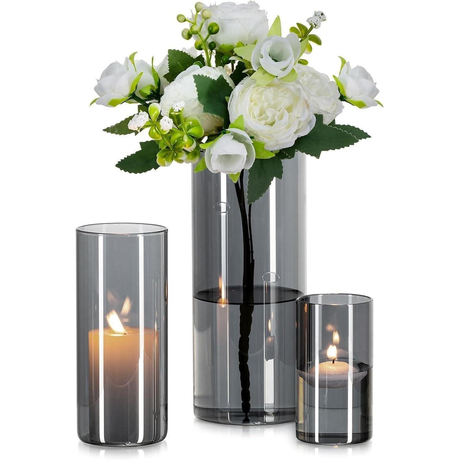 LuxusKollektion Tischvase Glasvase Zylinder Vase Grau 3 Stück Set Wohnzimmer Deko Runde